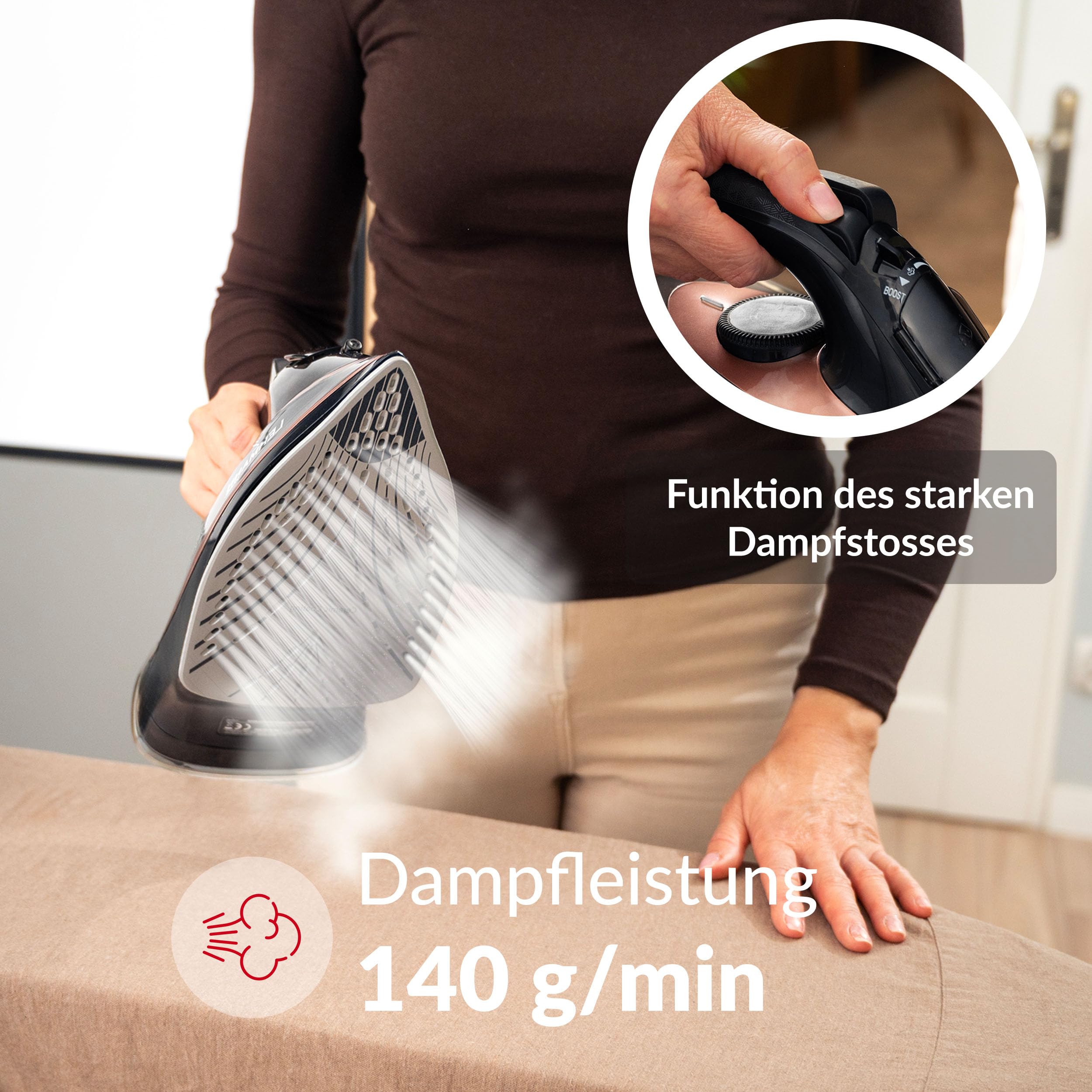 LEHMANN Żelazko parowe, 3000 W, uderzenie pary do 140 g, żelazko z ceramiczną stopą, zbiornik na wodę 380 ml, pionowa para, automatyczne wyłączanie, ochrona przed osadzaniem się kamienia i