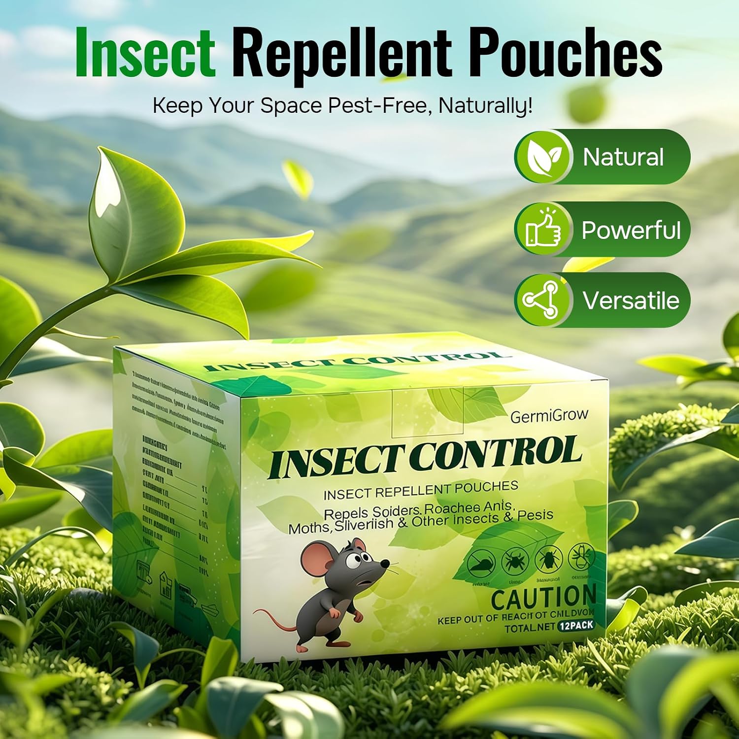 GermiGrow Mouse Repellent Pouches | Peppermint Oil Rodent Repeller | Natural Pest Control for Rats Squirrels Insects, Indoor Outdoor Mouse Deterrent, Pet & Family Safe, 12 Packs (Green)