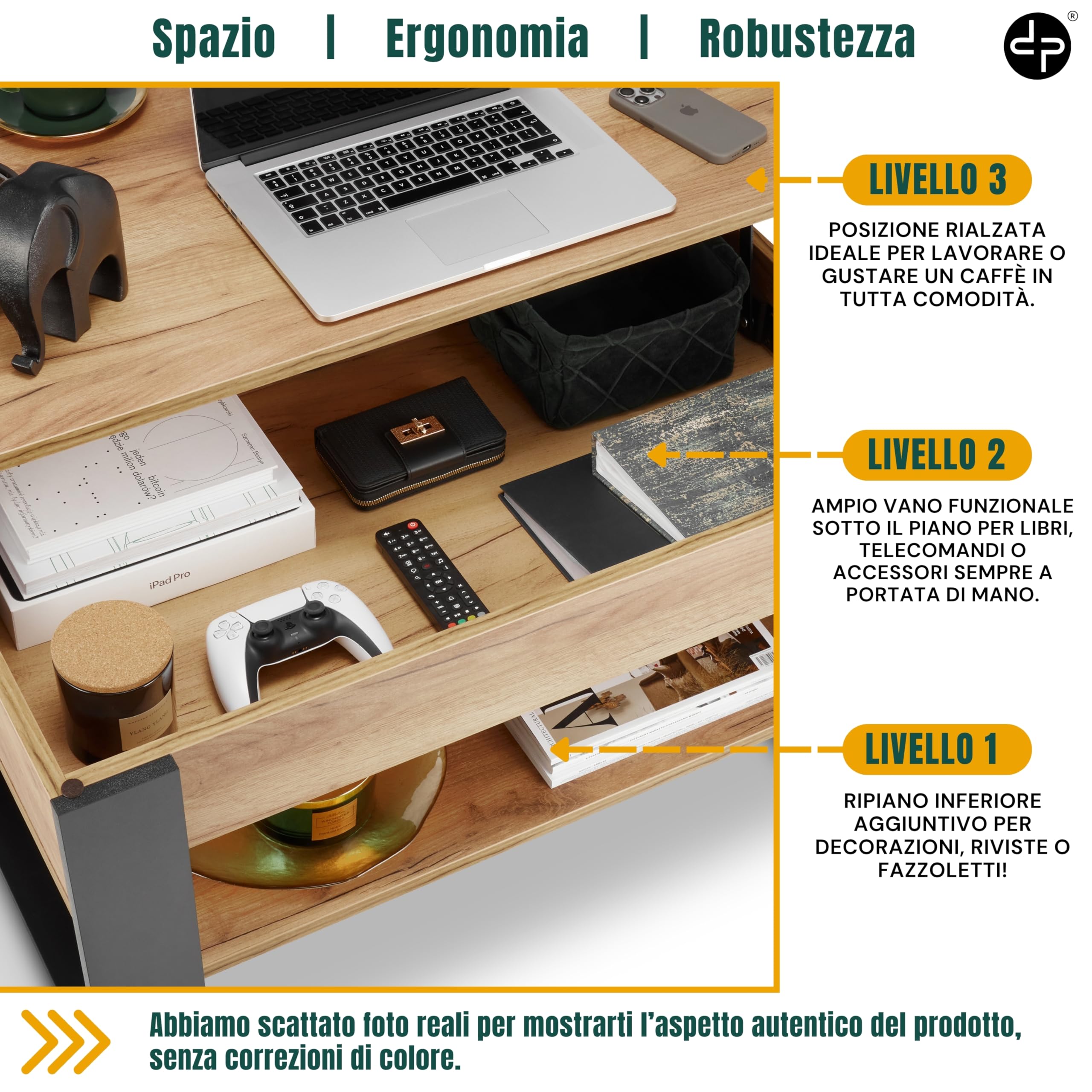 defiPad Tavolino Salotto Sollevabile con Contenitore - Tavolo da Caffè Regolabile in Altezza 45-61 cm - Prodotto nell'UE - Design Moderno Stile Industriale - Coffee Table