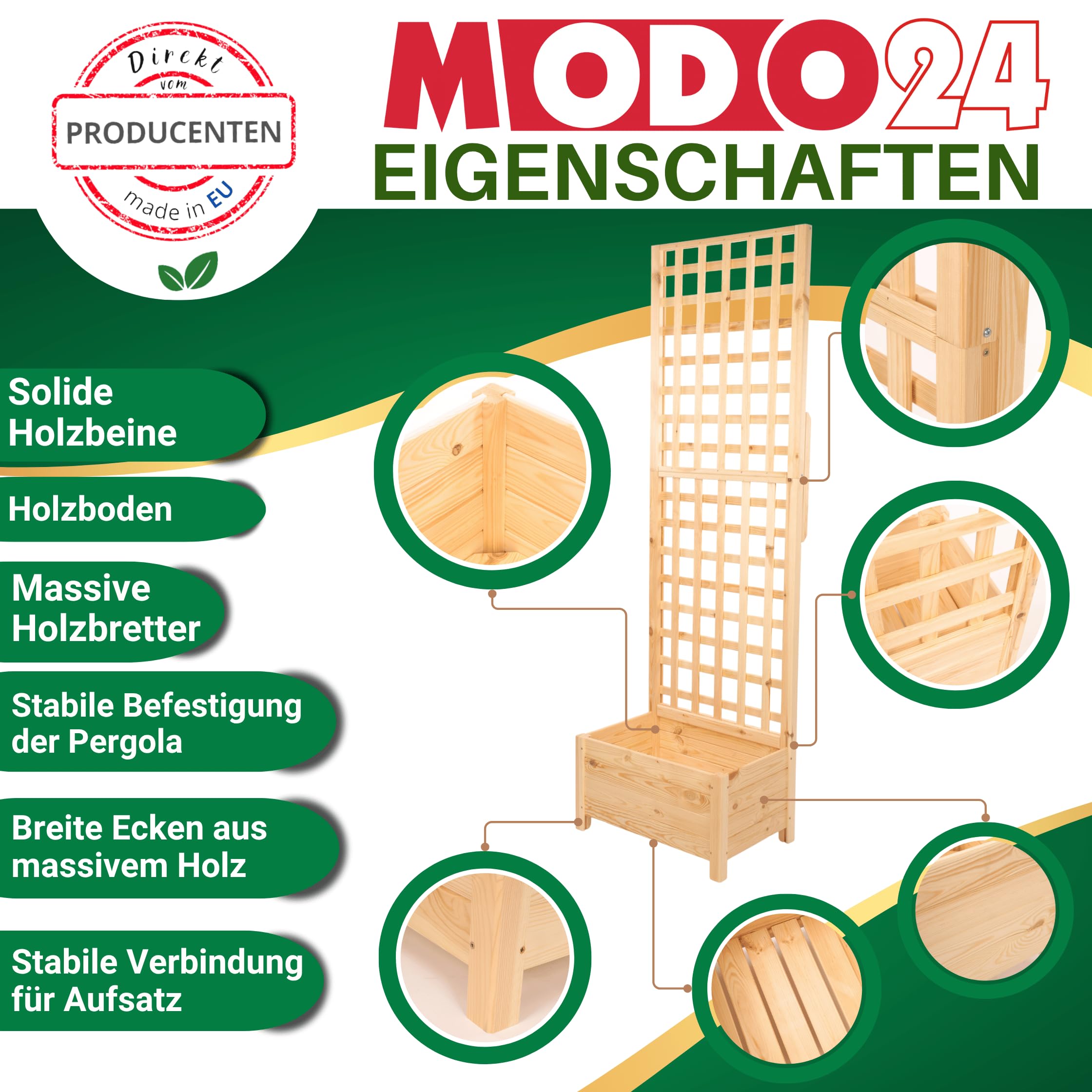 Blumenkasten aus Kiefernholz mit Rankgitter, Pflanzkübel mit Spalier Rankhilfe, Hochbeet, Blumenkübel Outdoor Holzkiste für Garten Terrasse Balkon, 190x80x40, Braun, Imprägniertes Holz