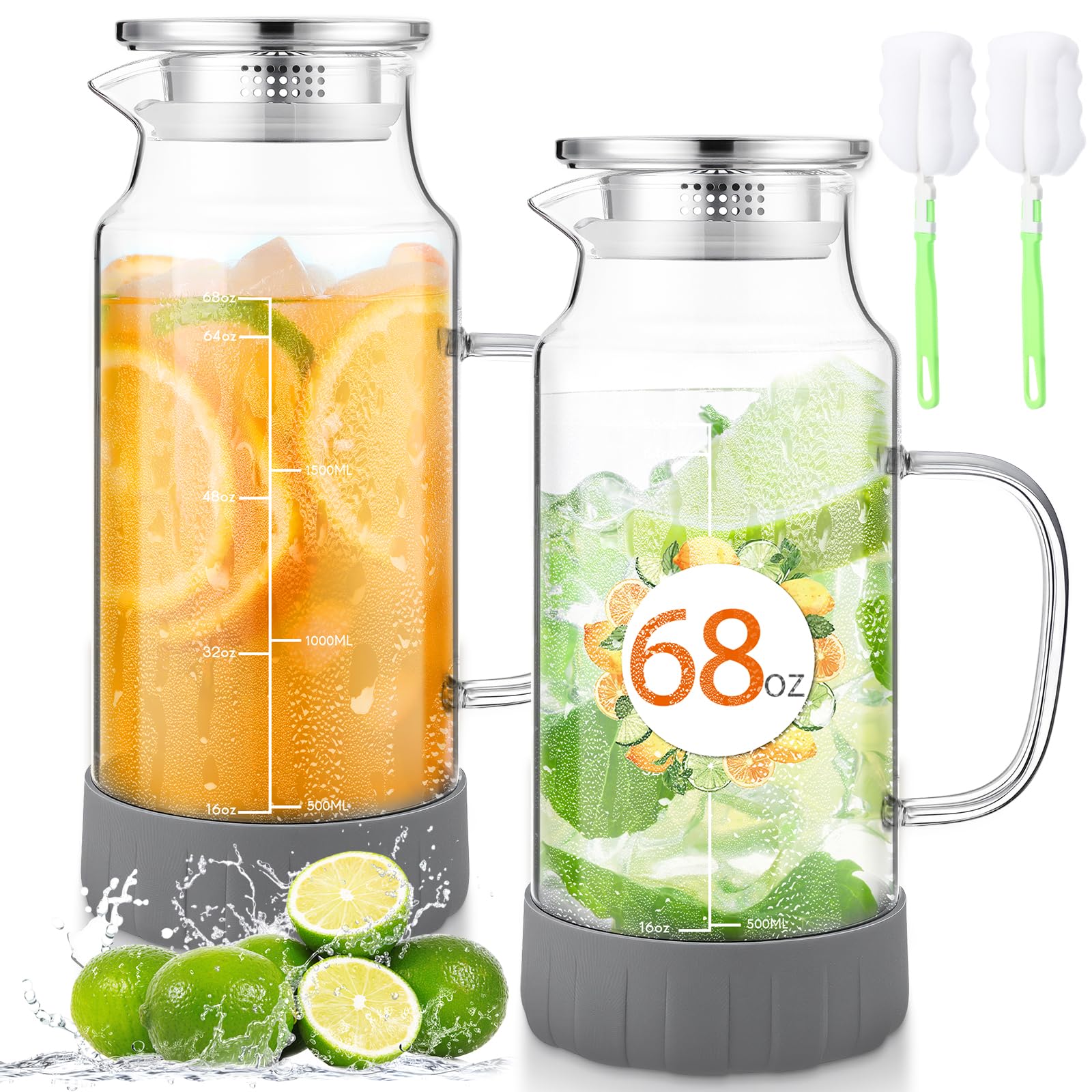 Honeydak Glaskrug mit Deckel, 2 Liter Wasserkrug mit Silikonboden, Ausguss und Griff, große Eisteekaraffe für Kühlschrank, rutschfester Glaswasserkrug für Getränke, Tee, Kaffee, Milch, Getränke, 2