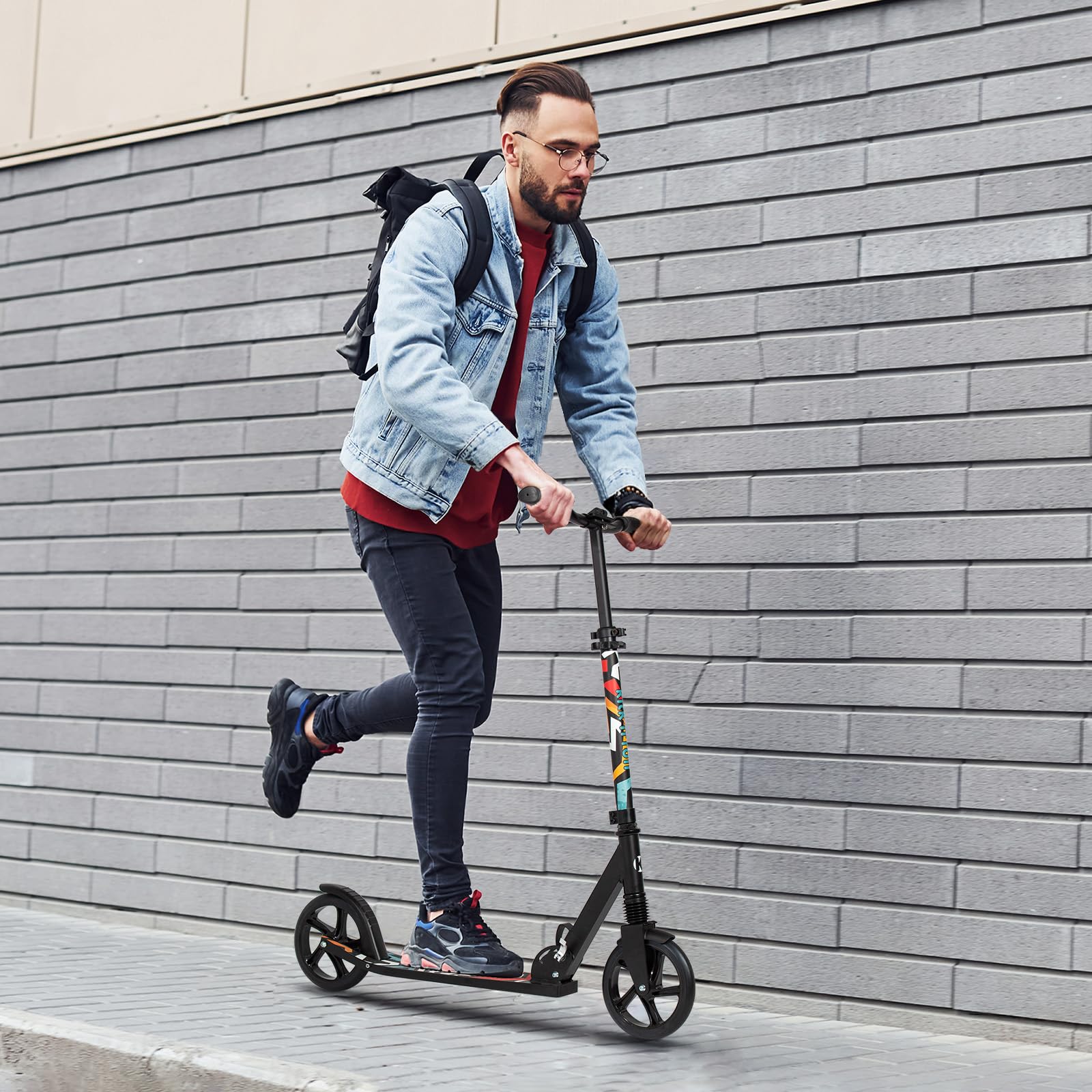 Leogreen Trottinette Scooter Pliable Trottinette Stableen Aluminium Noir | Hauteur de Guidon Réglable, avec Béquill, Roues à 205 mm, pour Adultes et Adolescents à 100kg