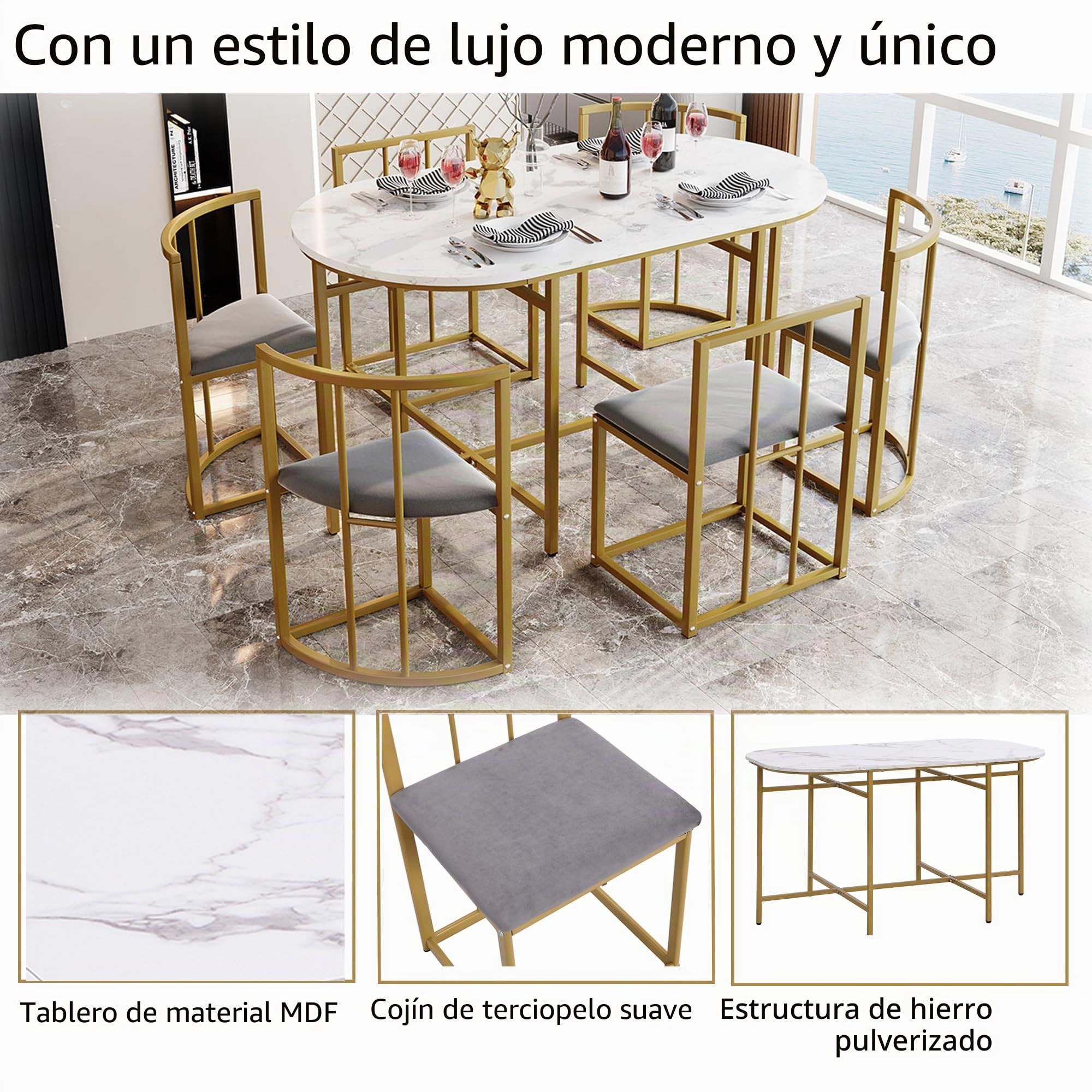 Juego de mesa de comedor blanco, sillas con 6 respaldos y tapicería gris, estructura de hierro chapado en oro, mesa de comedor y juego de sillas, moderno