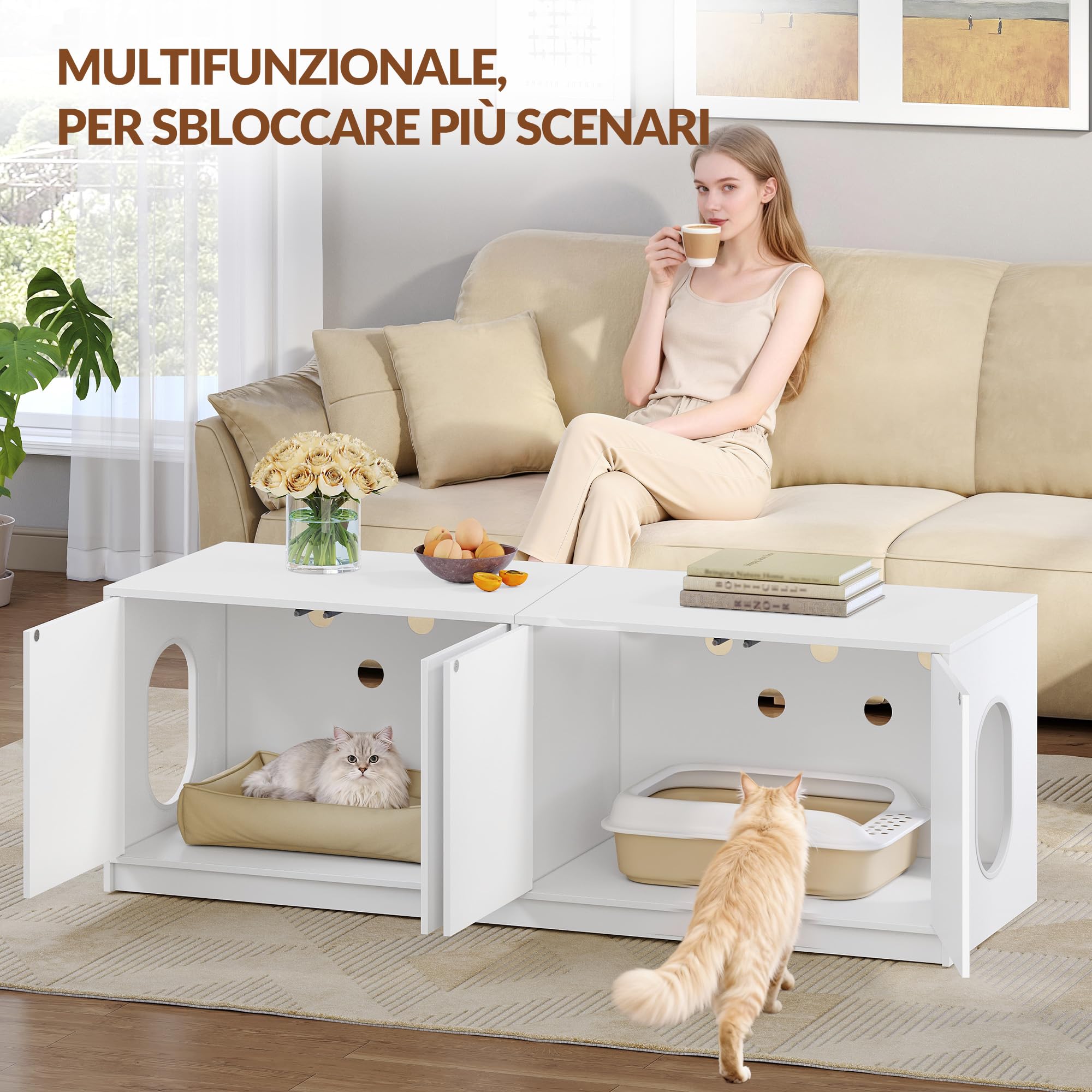 Mobile Lettiera per 2 Gatti, 120 x 50 x 51,5 cm, Bianco