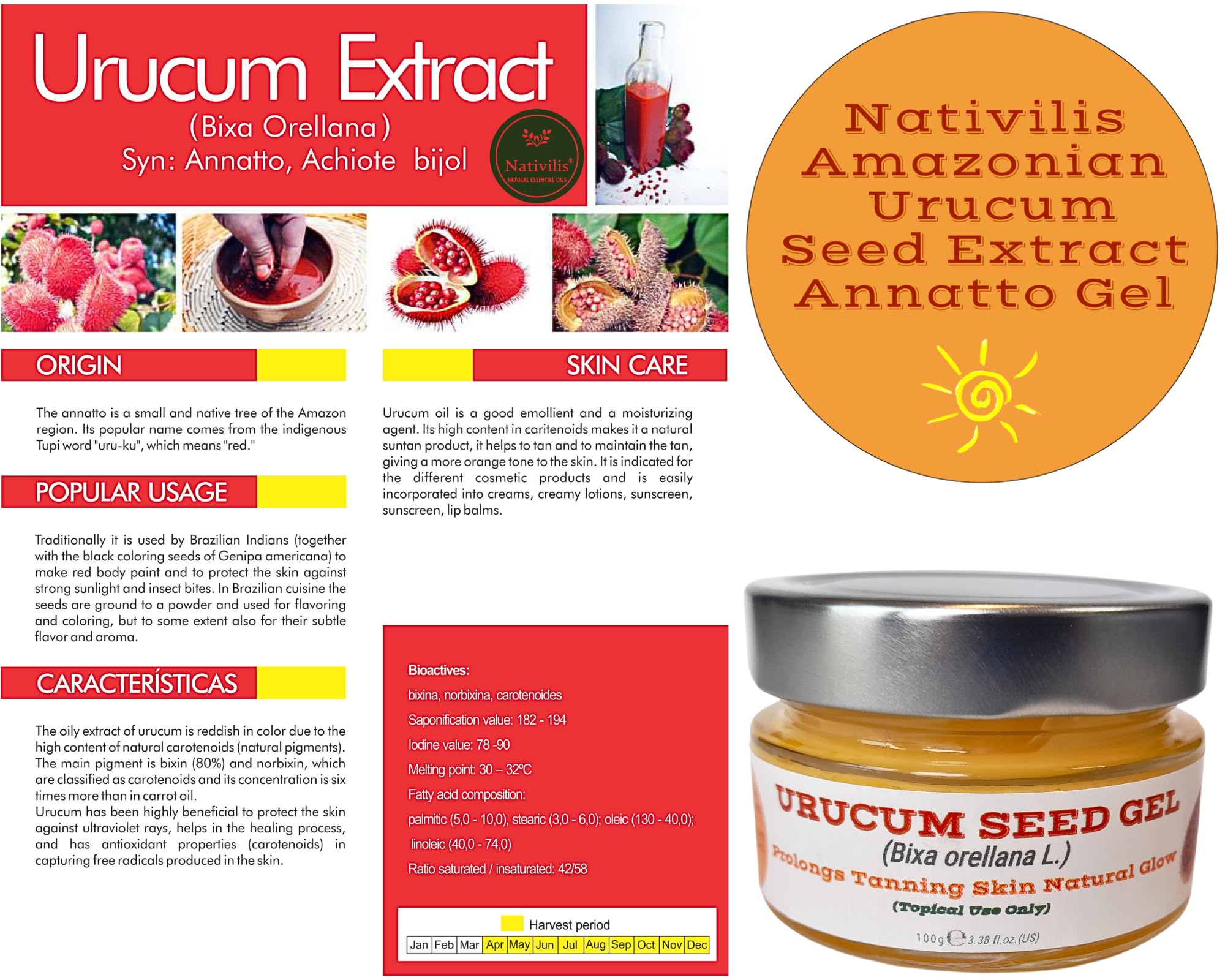 Nativilis Amazonian Urucum Seed Gel (Bixa orellana L.) Prolongs Tanning Skin Natural Glow - Image 3
