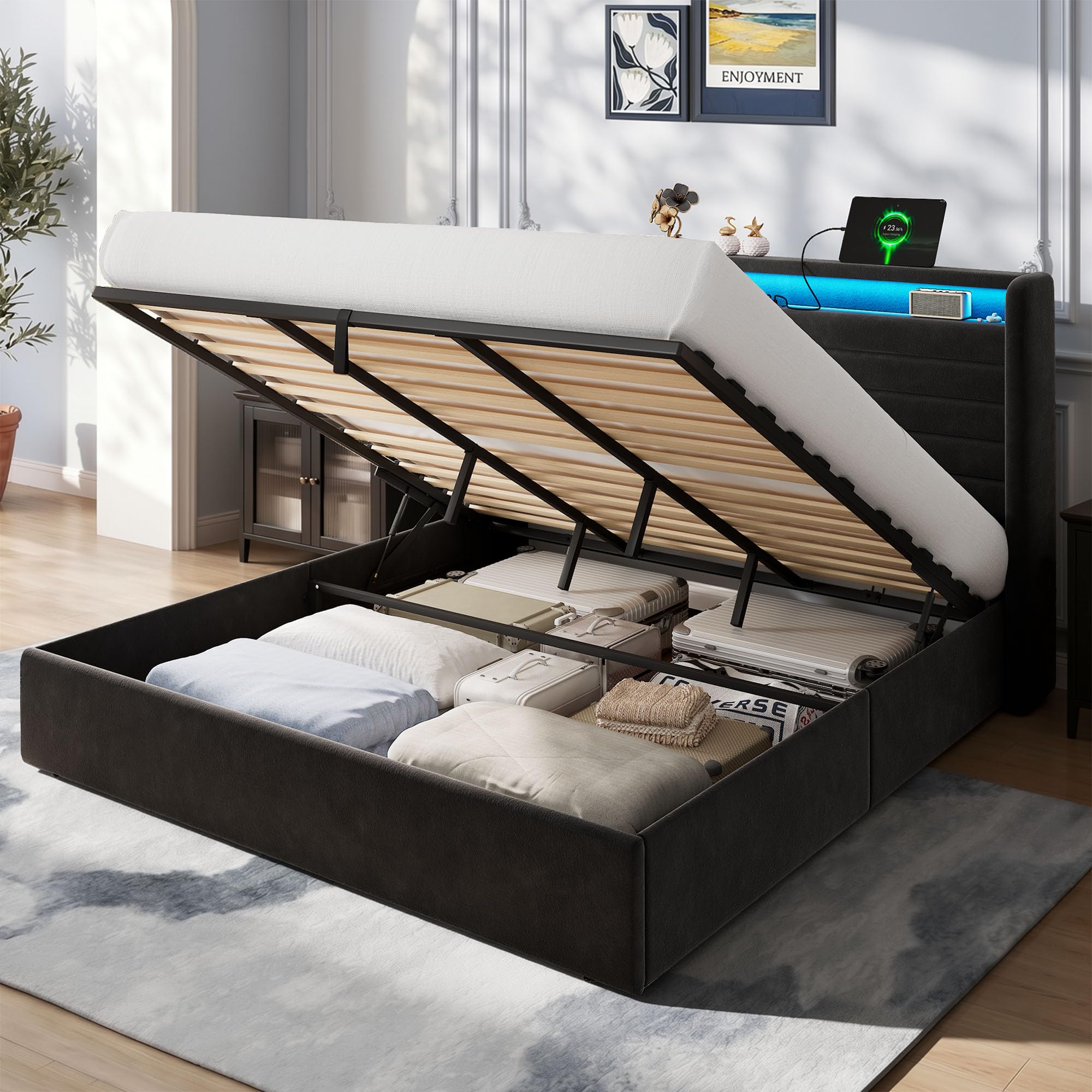iPormis Bett 180x200 mit Stauraum, Polsterbett 180x200 cm mit LED-Beleuchtung & Ladestation, Bettgestell mit Hydraulischem und Leinen Kopfteil Stauraum, Lattenrost, Ohne Matratze, Velous Dunkelgrau