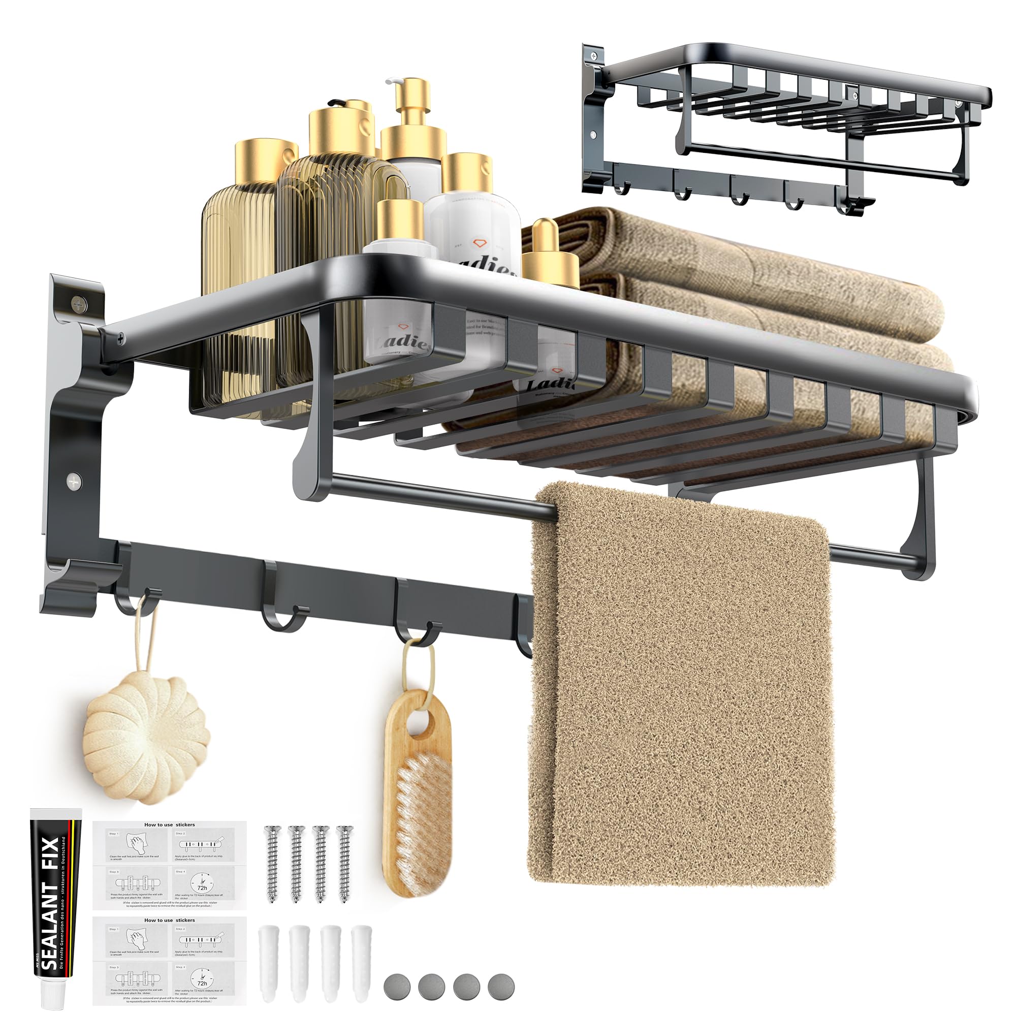 Zomhusea Towel Rack,Foldable Towel Hanger Towel Shelf with Towel Bars for Bathroom Lavatory,20 in Wall Mount Towel Holder for Bath Vanity Kitchen Door Shower Accessories (A-Dark Grey)