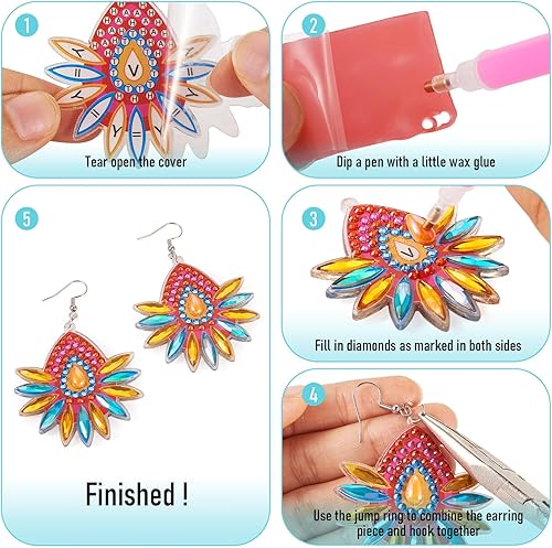 Miniatura 10 de Spritewelry Juego de 6 pares de aretes de pintura de diamantes, juego de aretes de arte de diamante con mosaico de mano 5D, aretes bohemios vintage,