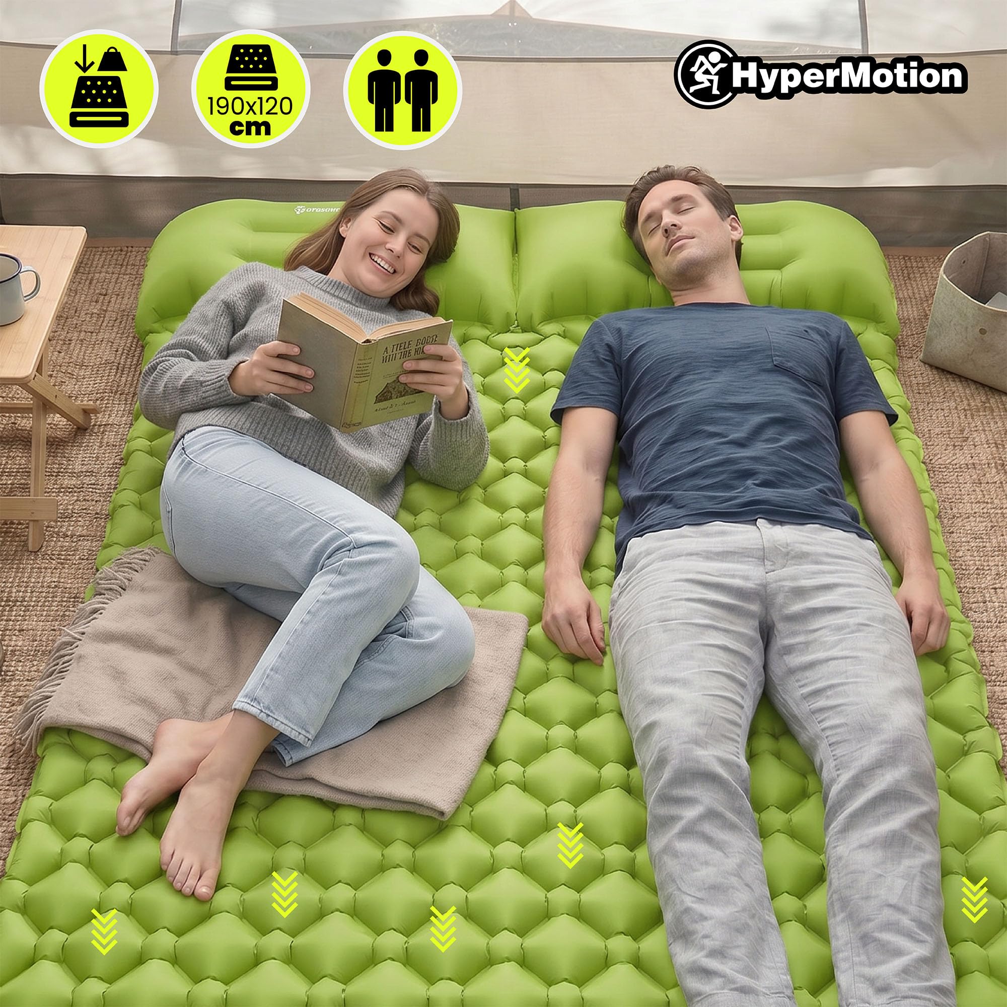 HyperMotion Materac Trekkingowy Campmat 2, Ultralekki, 190x120 cm | 940 g, Miejsce dla 2 Osób, 2 Poduszki, Kompaktowe Składanie, Wygodny Wypoczynek Podczas Biwaków