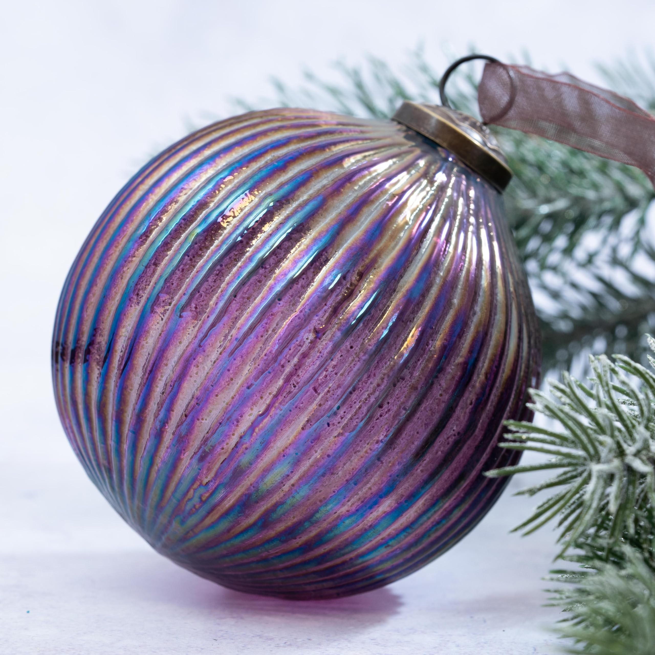 Arthur Cameron Mulberry Rainbow Rib Glass Christmas Bauble | Hanging Xmas Tree Decoration Ornament (4", )