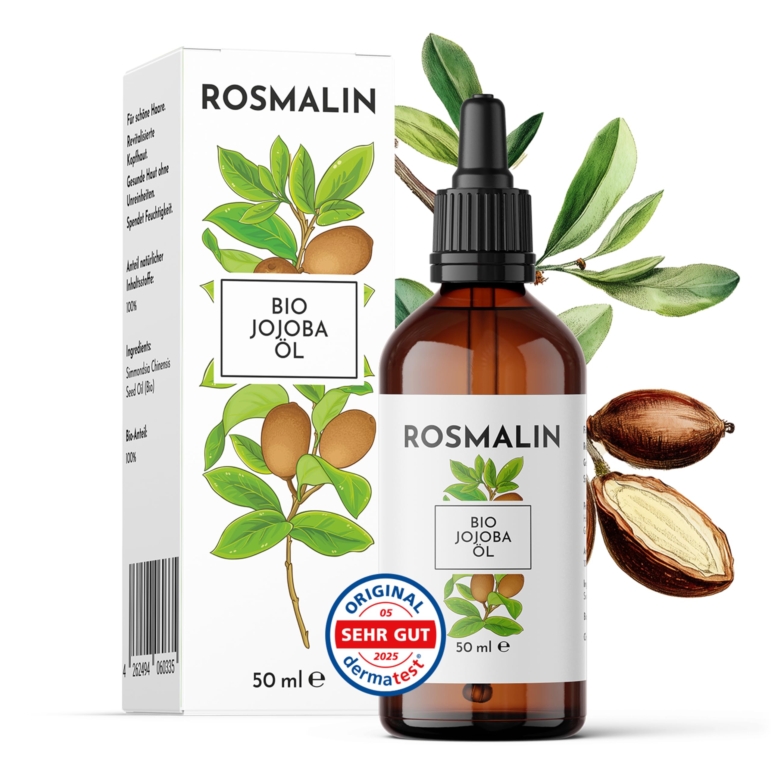 Rosmalin® Jojobaöl Bio kaltgepresst - Jojoba Oil - Für Haare, Kopfhaut, Körper & Gesicht - Geeignet für Kosmetik - Pflegende Kopfhautbehandlung, 50 ml