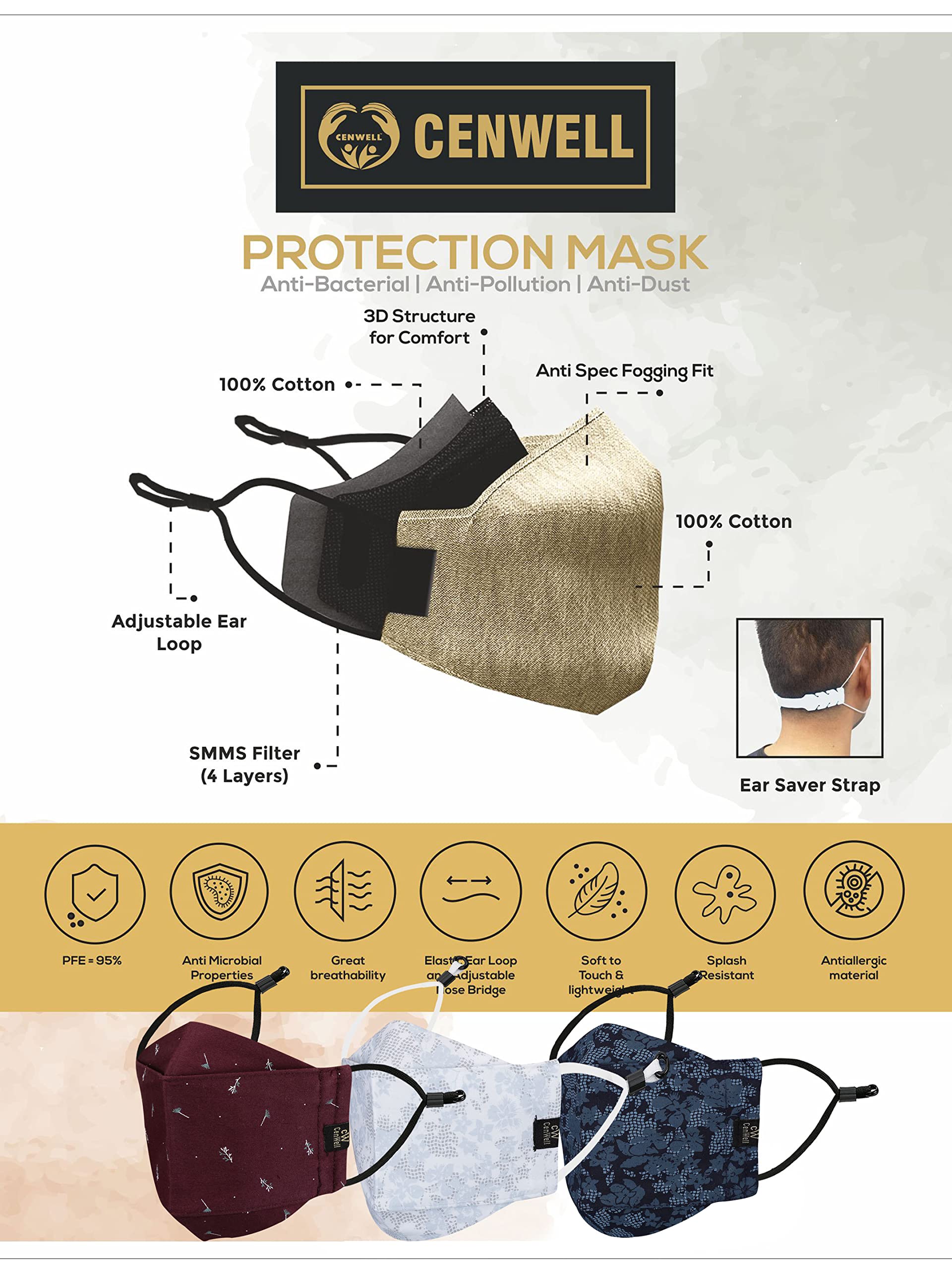 Cenwell Reusable, Washable Designer Fabric Cotton 3D Printed 6 Layer Face Mask with Adjustable Earloop, Ear Saver Strap, Melt Blown and Without Valve Filter for Men & Women (Pack of 3) 2