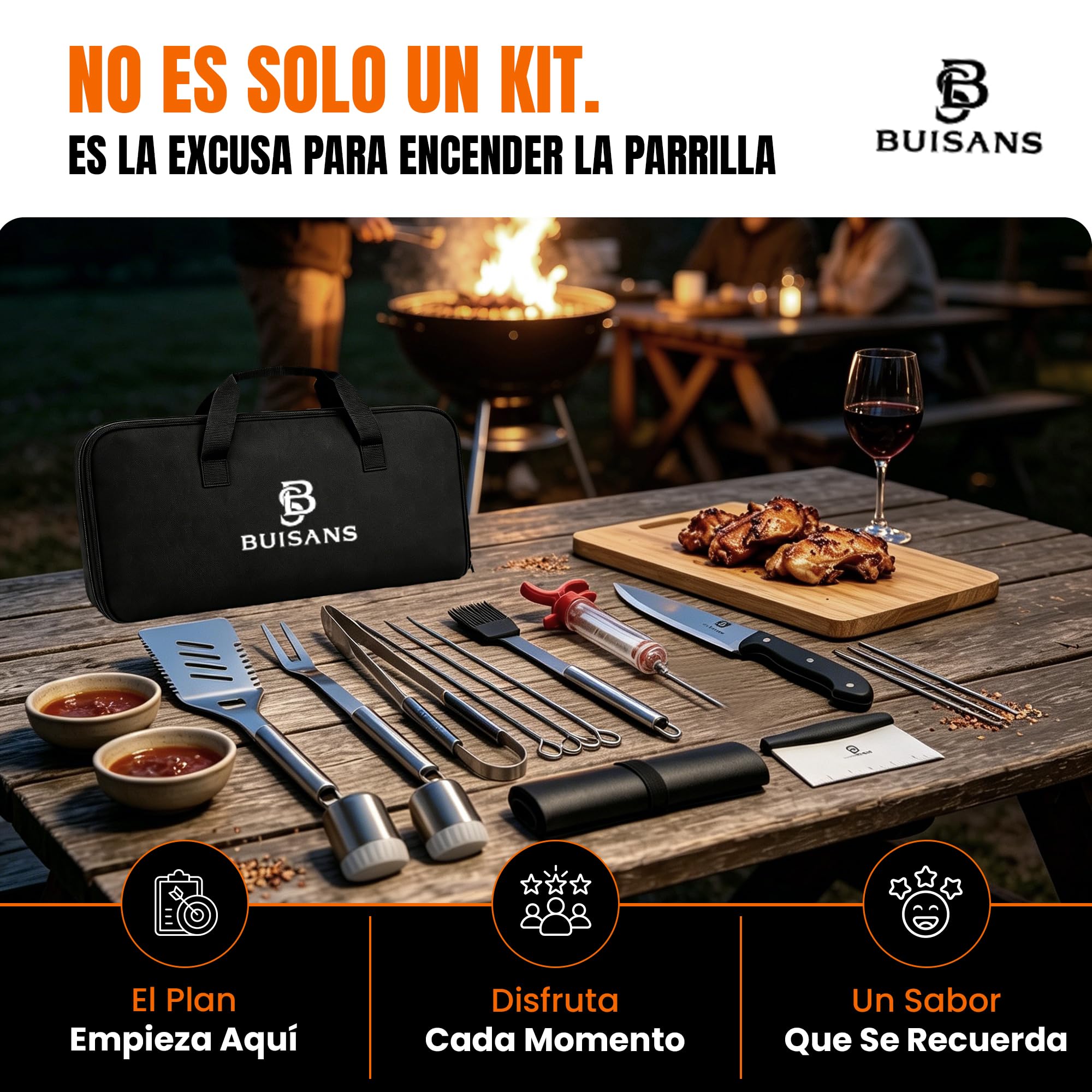 Buisans - Kit da barbecue, 15 pezzi, con custodia, utensili da barbecue in
