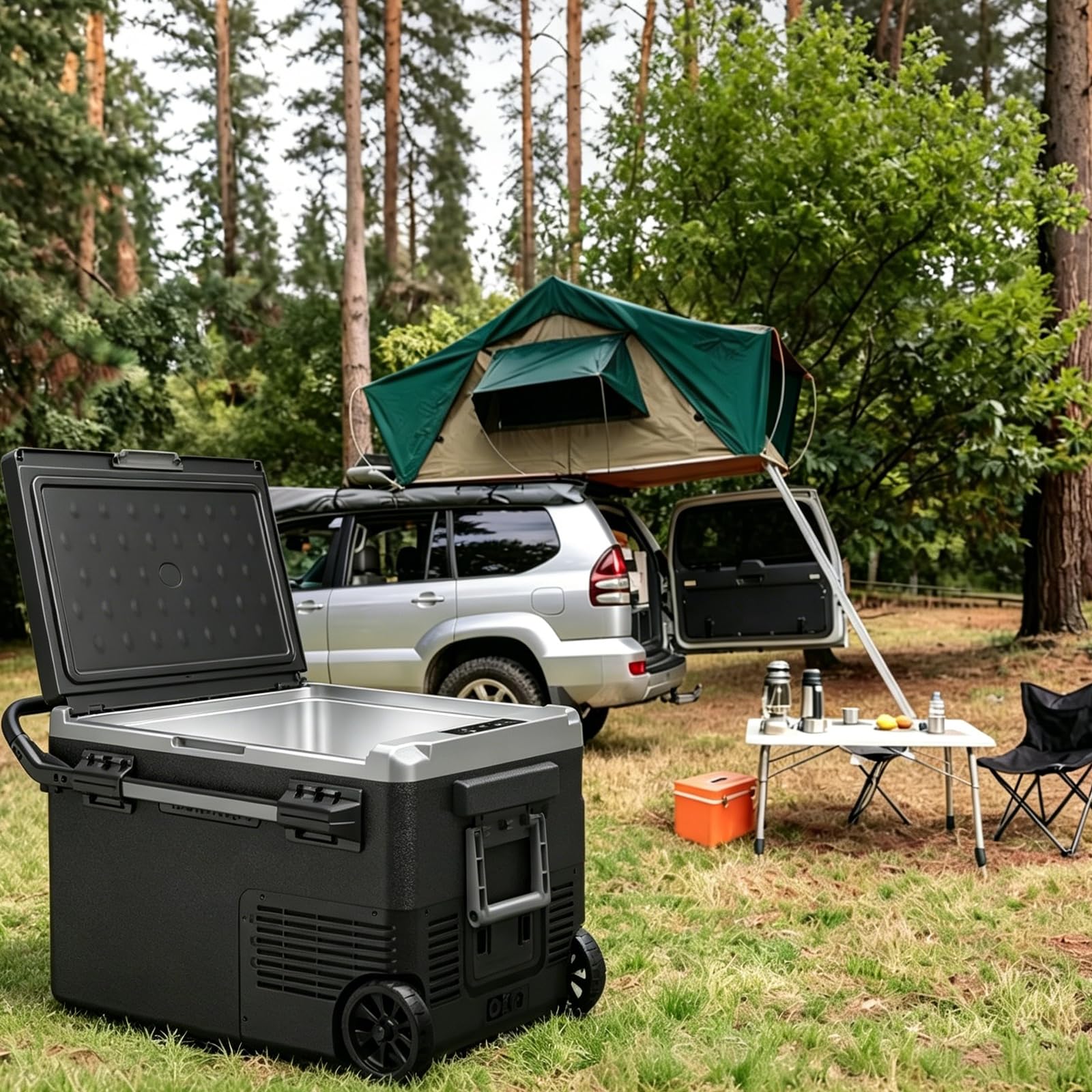Przenośna lodówka samochodowa z zamrażarką, elektryczna lodówka 35 l, z kółkami i uchwytem, kompatybilna z energią słoneczną, 12 V/24 V, na kemping, podróż, do użytku na zewnątrz