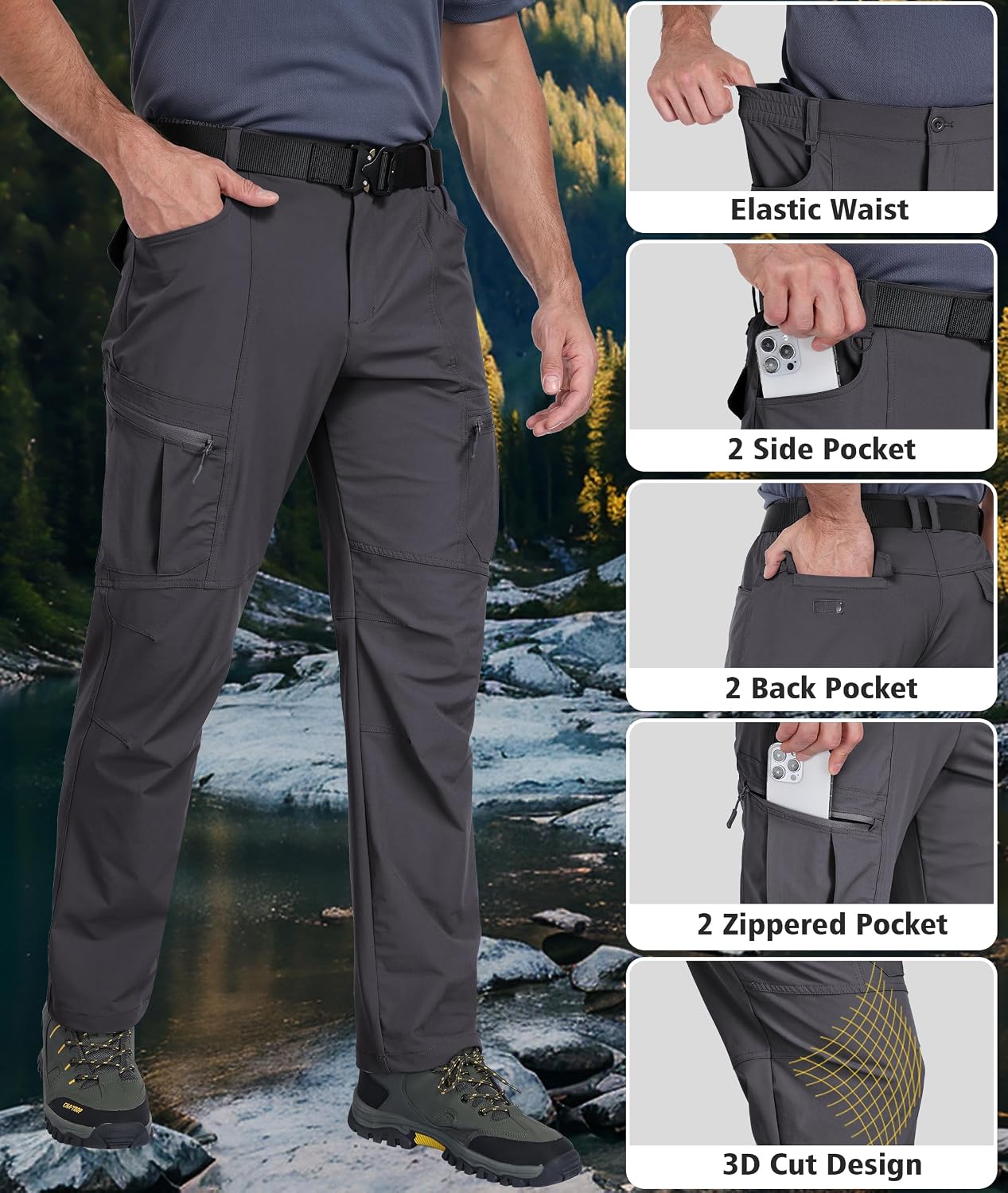 Zoofly Mens Hiking Pants Lightweight Nylon Stretch Cargo Work Pants for Men Waterproof with Pockets image 5