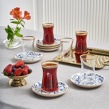 KARACA Mare Turkish Tea Set for 6 People 12 Piece Glass Tea Glasses & Saucers Set, 170 ml Clear Traditional Turkish Tea Cups, Elegant Tea Service