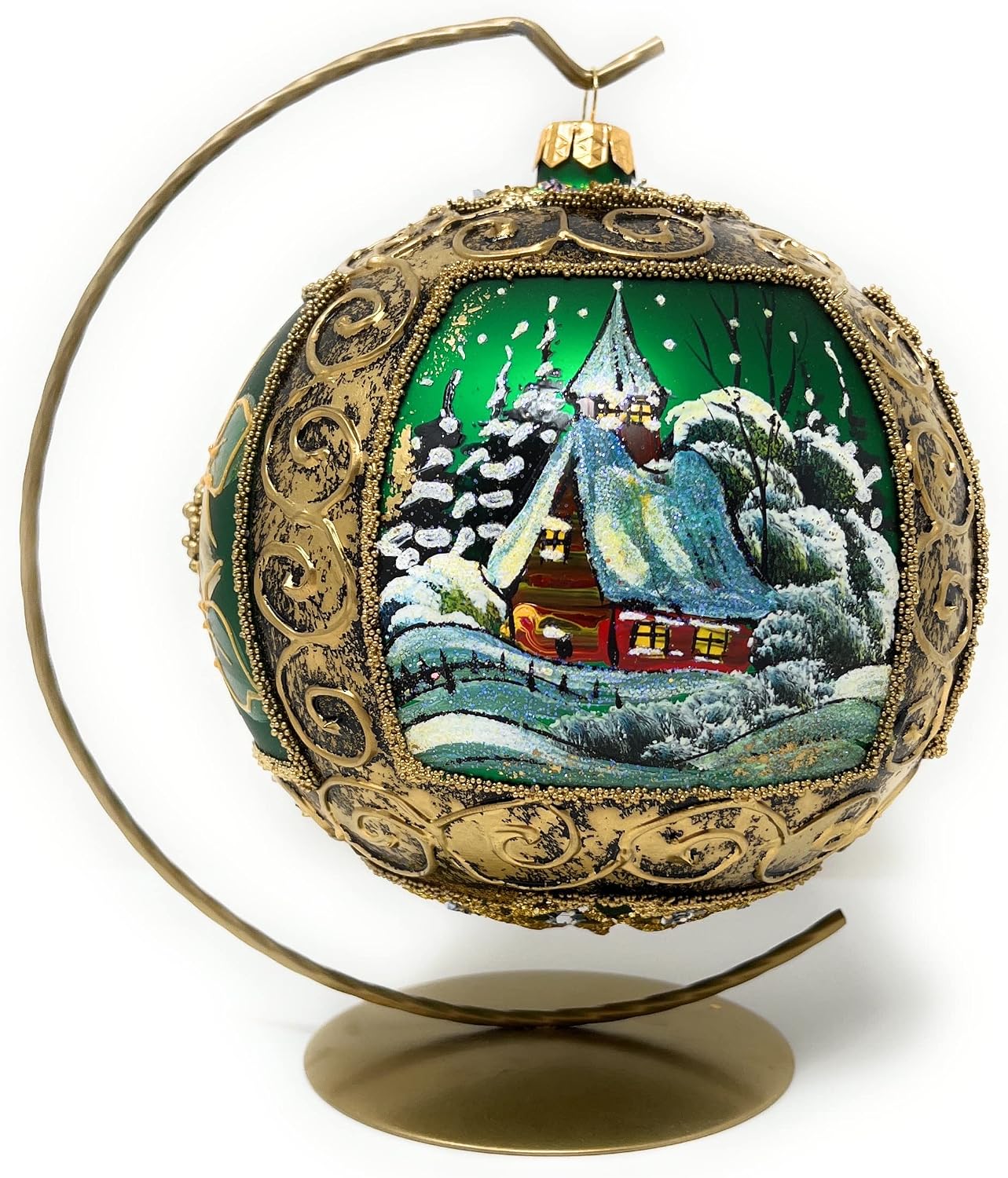 Christmas Ornament, Winter Charm View with Poinsettia, Blown Glass Ball (150mm / 6 Inch, Green/Gold)