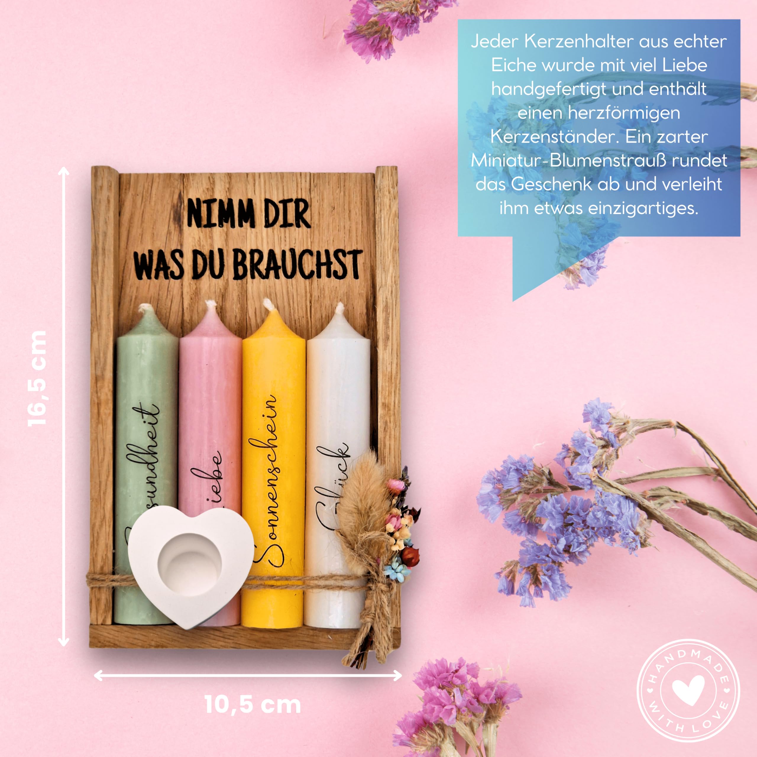 HolmCraft - Nimm dir was du brauchst | Deko Kerzenhalter Set | Handgefertigt | Perfekte Geschenkidee zum - Geburtstag, für Frauen, Freundin & Schwester | Wunscherfüller (rosa, gelb, grün, weiß)