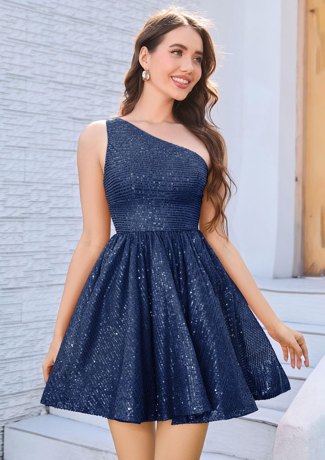 Graduation Dress Sparkly Sequin One Shoulder Short Homecoming Dress for Teens Mini Cocktail Dress