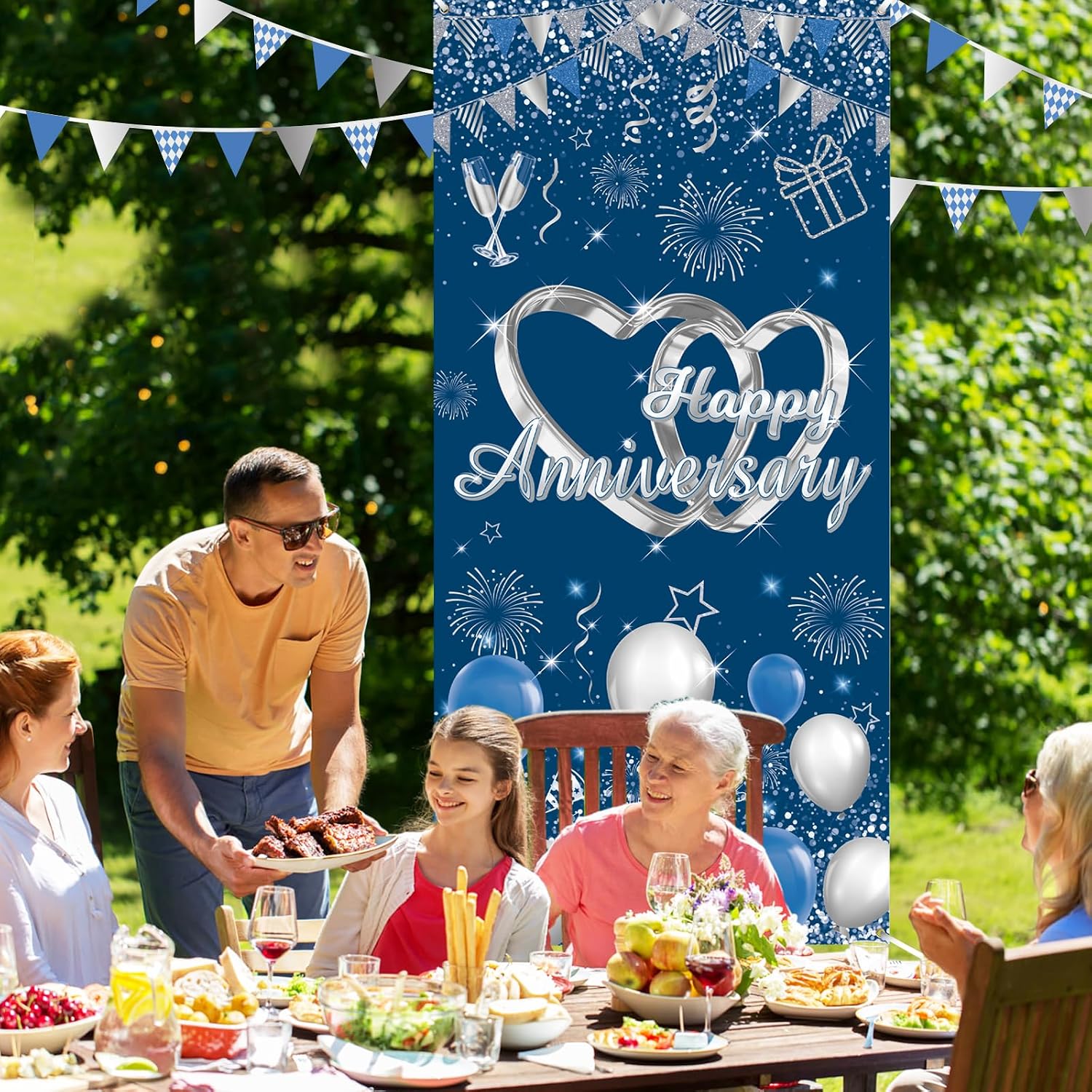 Blue Happy Weeding Anniversary Decorations Banner for Men Women, Navy Blue Silver Happy Anniversary Door Cover Banner Photo Backdrop for Wedding Party Decorations Supplies