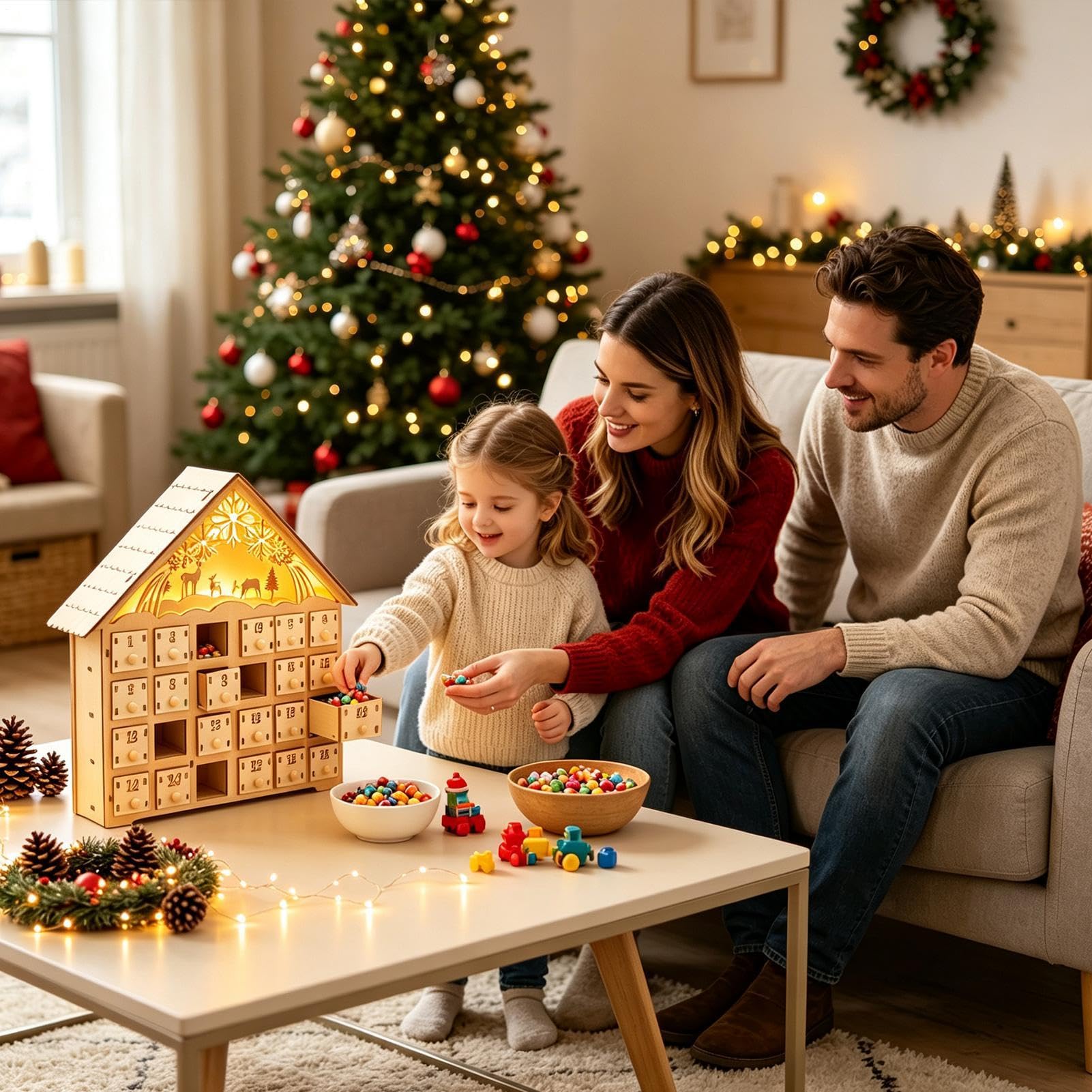 Calendrier de l'Avent Noël Cabinet pour Bureau en Bois Lumineux en Forme de