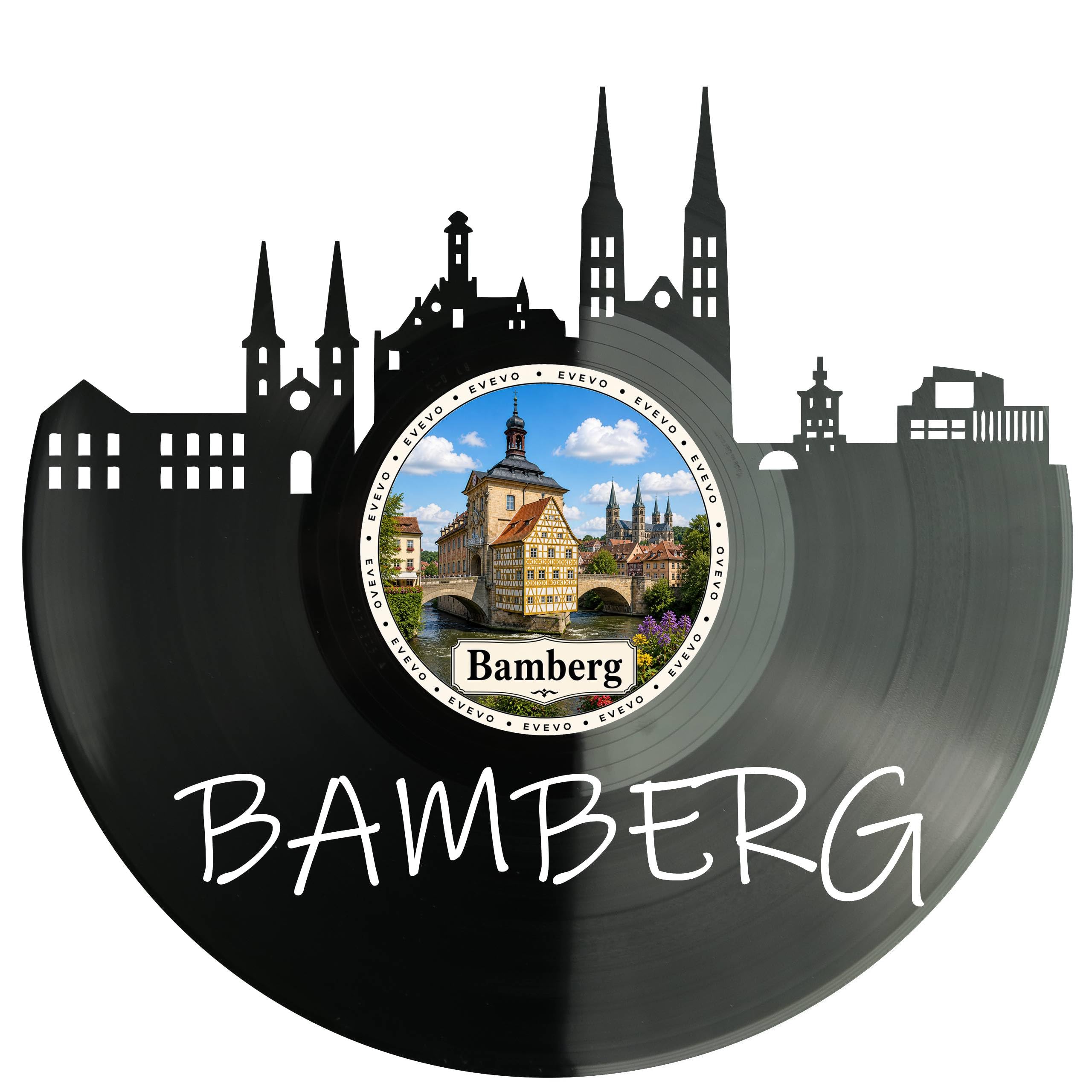 EVEVO Decorazione da parete a forma di disco di Bamberg, in vinile, arte da parete con skyline di Franken, regalo per gli appassionati di Bamberg, vecchio municipio e amanti del patrimonio D0040