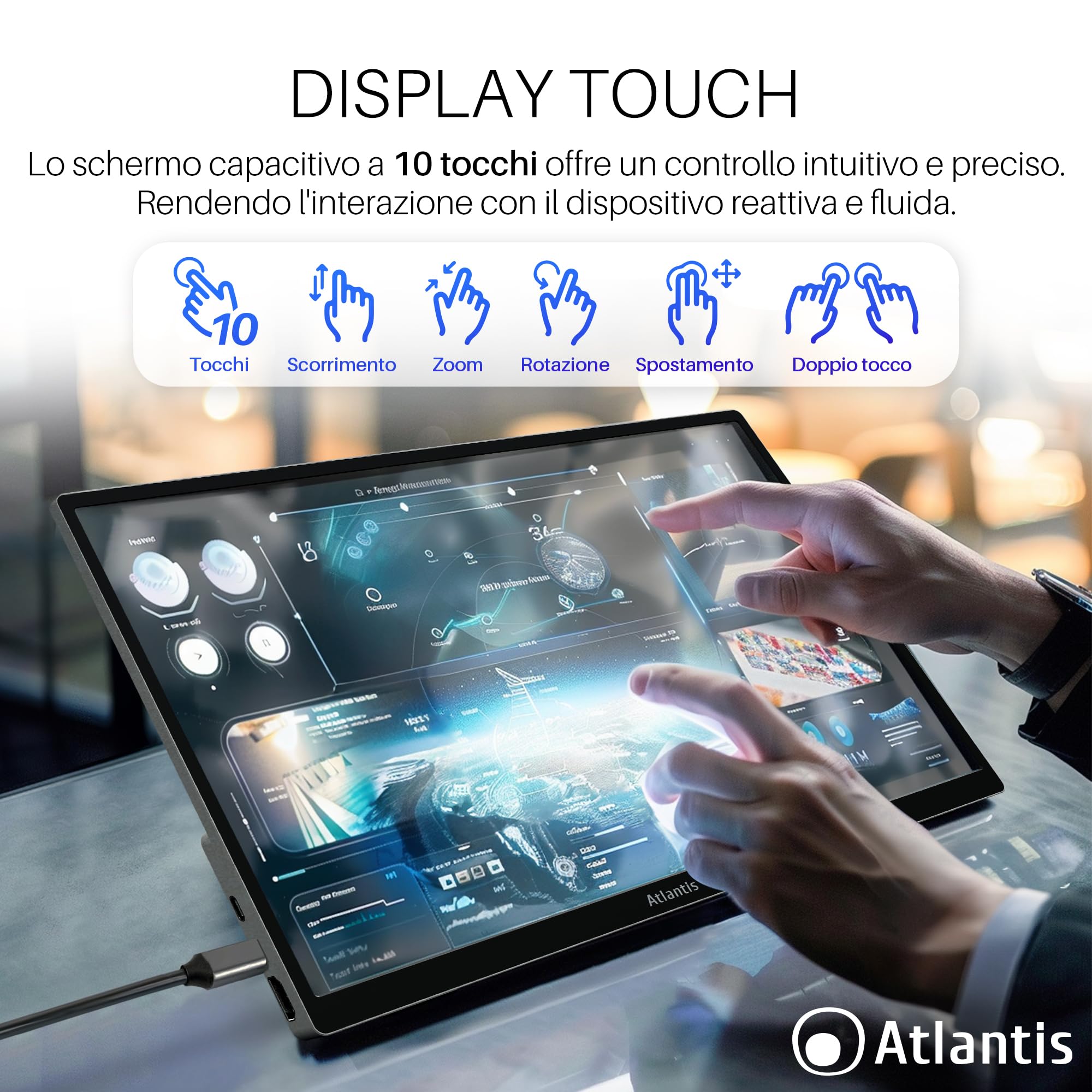 Atlantis Monitor Portatile TouchScreen 16 Pollici, 1080P Full HD 1920x1080, HDMI/Type_C, Speaker 2x1W, Inclinazione Regolabile, display IPS, per Notebook/Console/ 170/170,Cavo HDMI 1,5m/Type_C, < 1Kg.