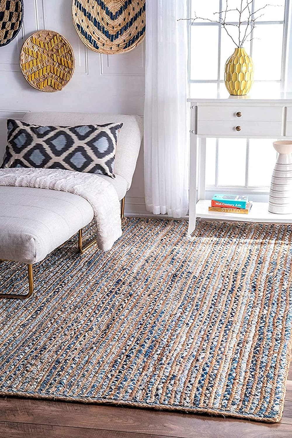 Tapis de sol en jute naturelle tressé main salon 75x120 cm denim