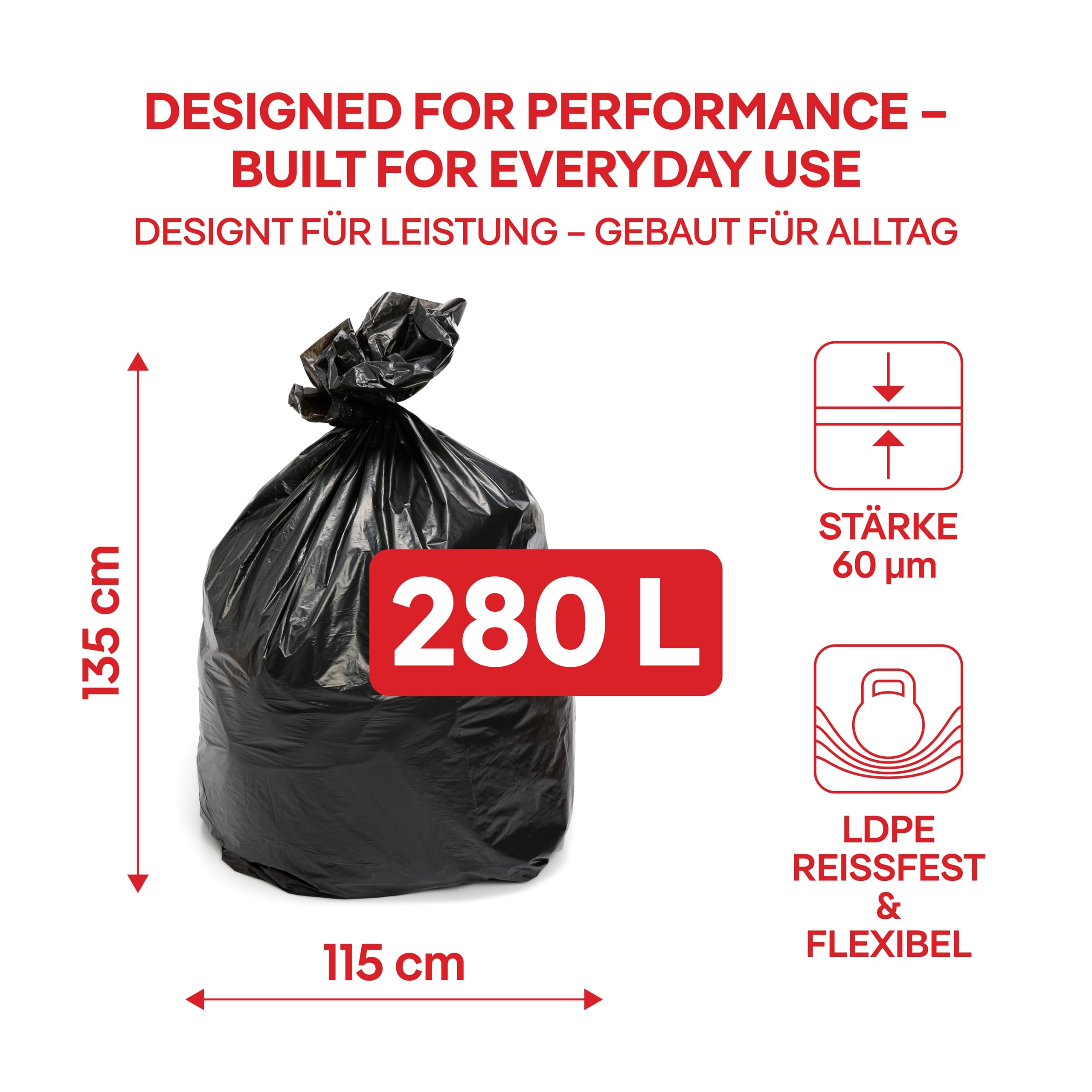 ALU FIX worki na śmieci PRO ekstra mocne LDPE / 280 l - 10 worków na śmieci - 1 rolka / 60 μm/czarne/worki na odpady / 115 × 135 cm/worek na śmieci do ogrodu, na place budowy lub do dużych prac