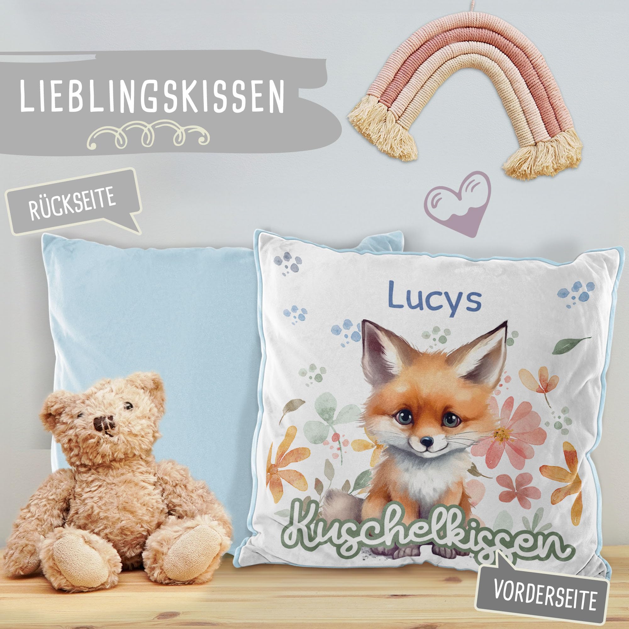 Print Royal PR Flauschiges Kuschel-Kissen für Kinder mit Füllung mit Name selbst gestalten - Fuchs Kissen für Mädchen und Jungs, Kinderkissen mit Name | 40 x 40 cm, Rückseite Hellblau Flauschig
