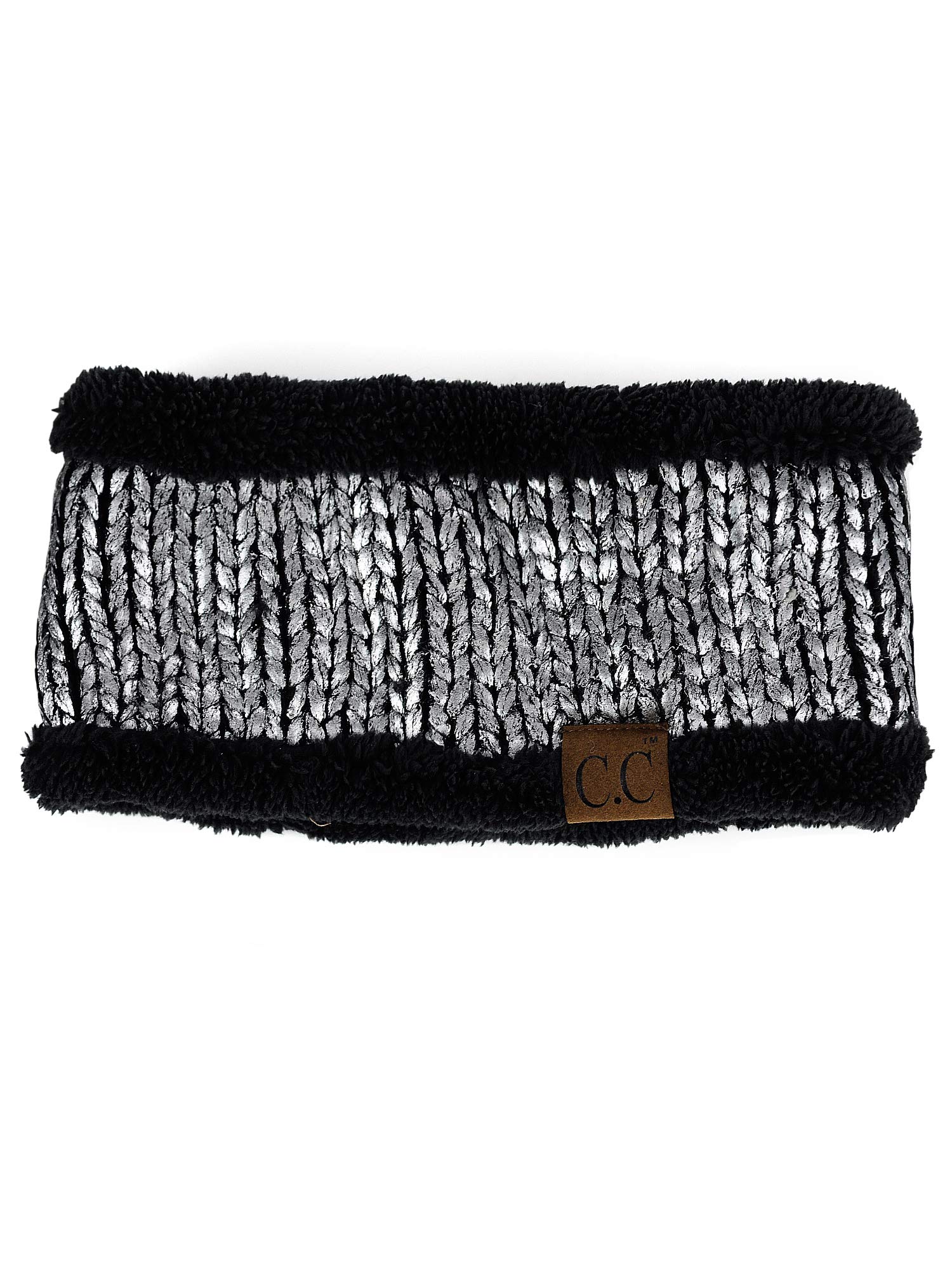 C.C Women's Soft Stretch Metallic Painted Knit Fleece Lined Ear Wamer Headband-Black/Silver