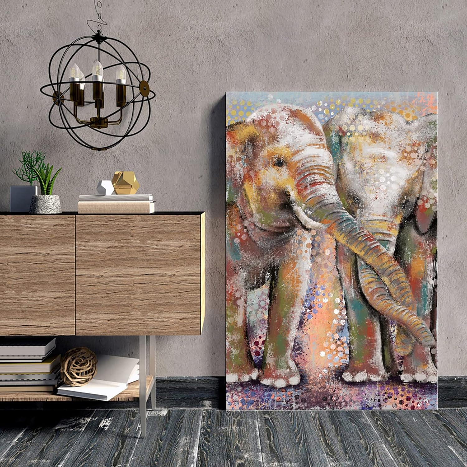 OuElegent Elephant Painting Canvas Wall Art Boho Paisley Pictures Artwork Vintage Home Living Room Bedroom Framed Ready to Hang