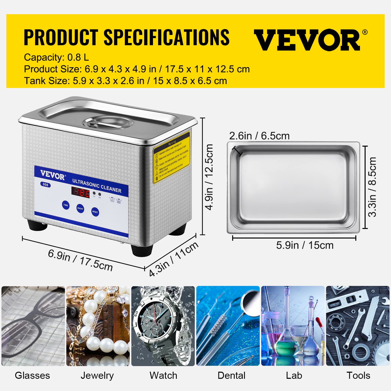 VEVOR Ultraschallreiniger, 800 ml, 35 W, professioneller Ultraschall-Reiniger aus Edelstahl, leistungsstarke Ultraschall-Reinigungsmaschine, 40 kHz Frequenz, mit LED-Display für Schmuck, Uhren,