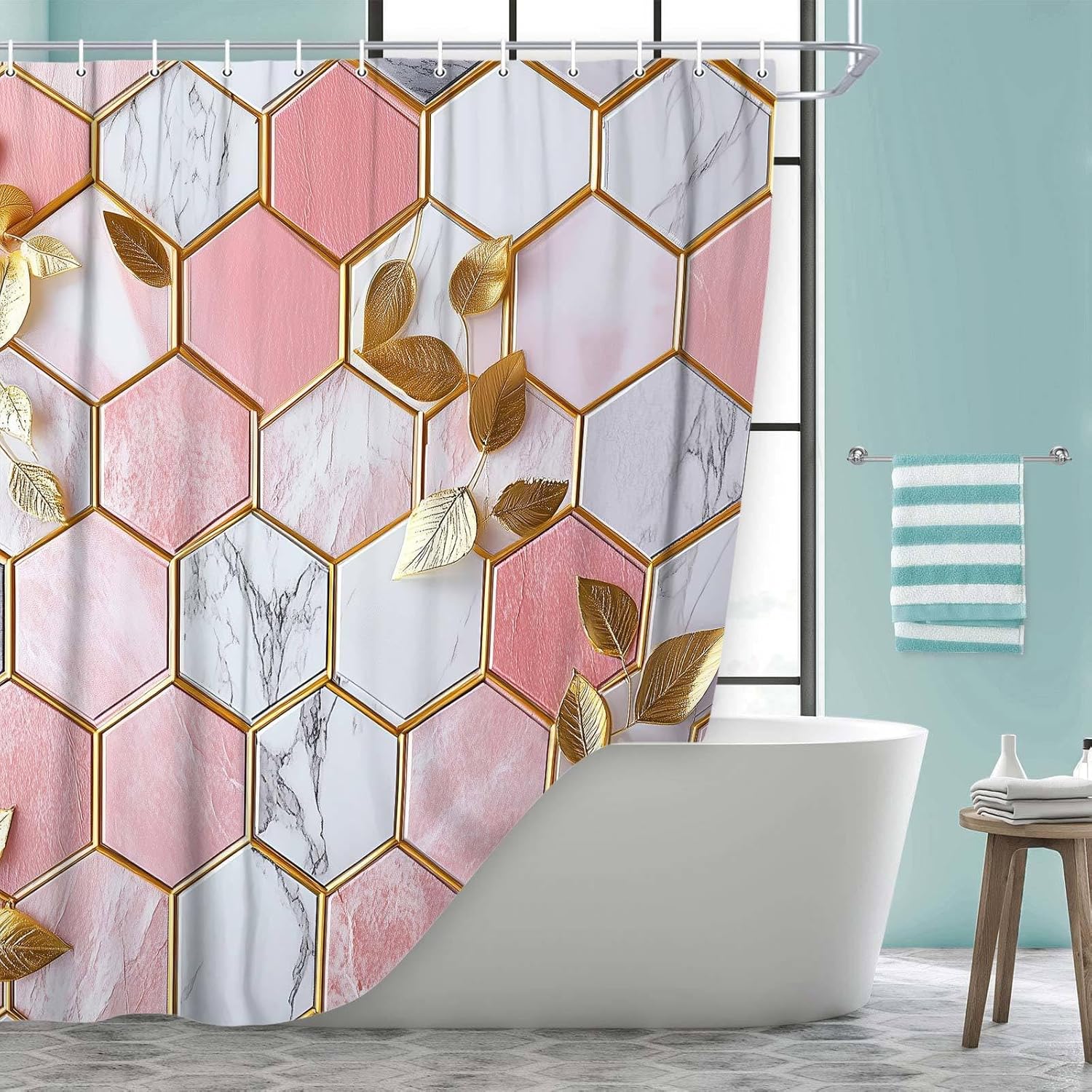 JAWO Pink Shower Curtain, Modern Abstract Geometric Shower Curtains for Bathroom Decor, Gold Leaves Waterproof Polyester Fabric Shower Curtain with 12 Hooks， 72x84