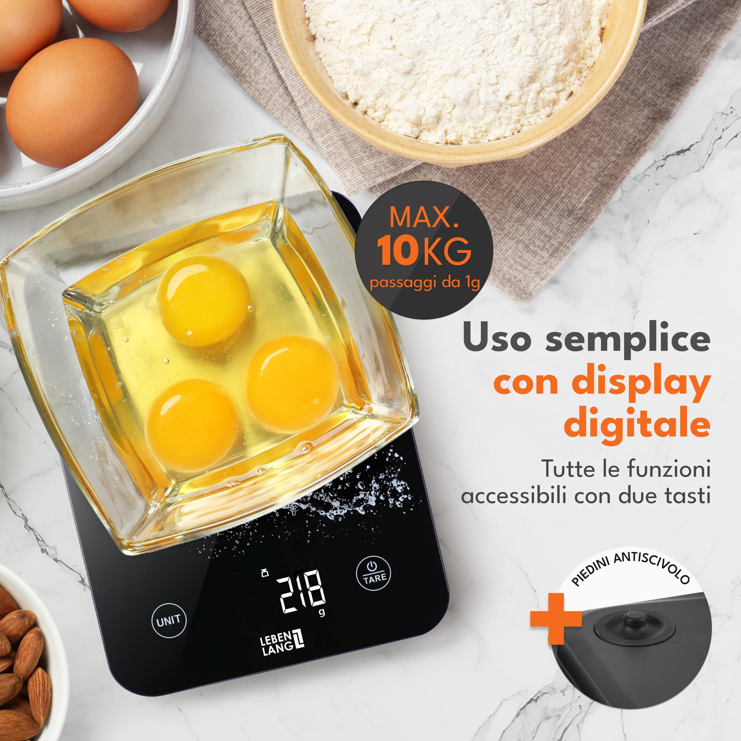 LEBENLANG Bilancia cucina digitale impermeabile - Ricaricabile tramite USB & Incl. Cavo di ricarica I Fino a 10 kg I Bilancia cibo Pesa da cucina & alimenti professionale Kitchen scale Bilance pasta