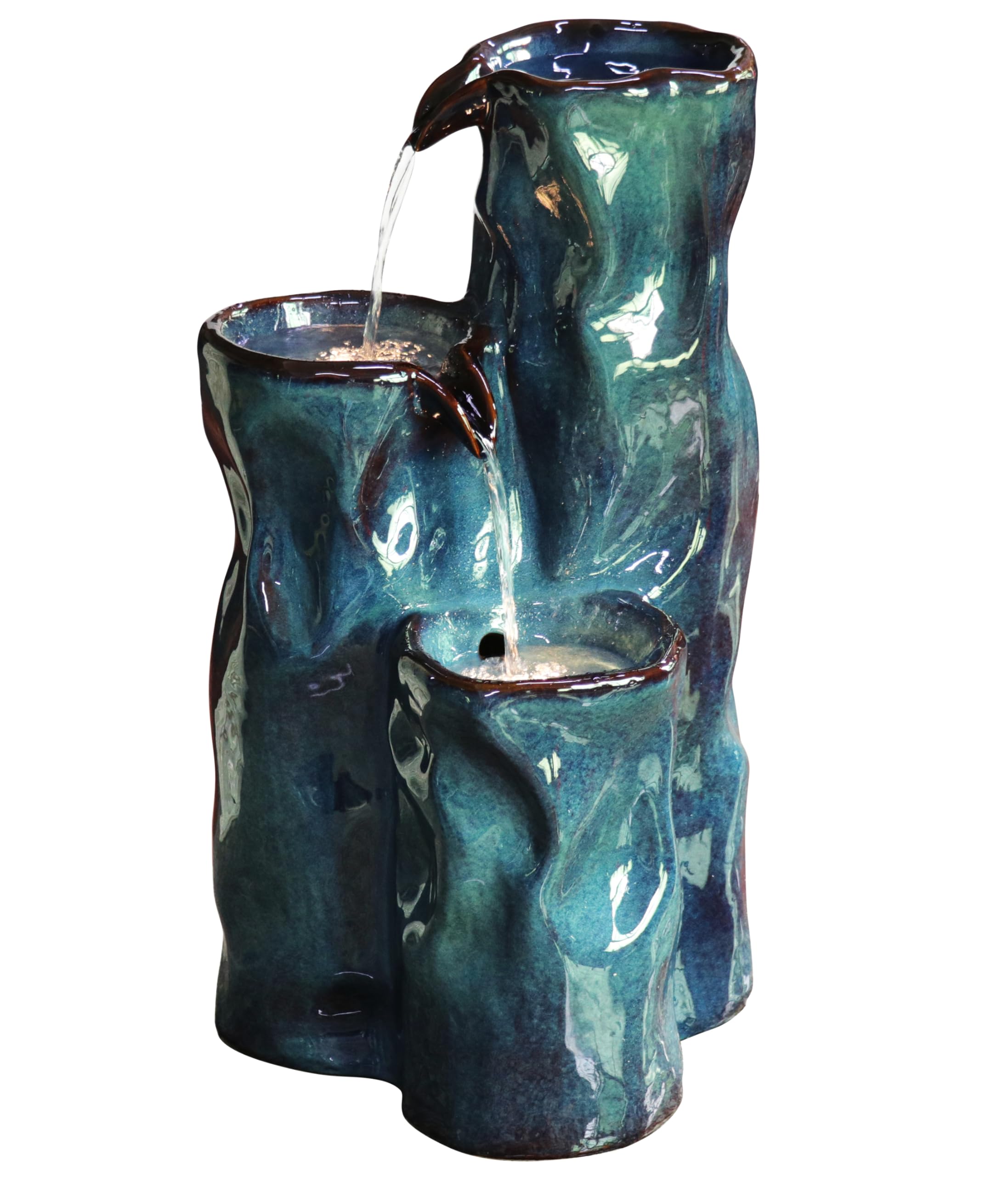 Dehner Gartenbrunnen Corso, mit LED Beleuchtung, frostbeständig, solarfähiger Brunnen für Außen, 38 x 34 x 64.5 cm, Keramik, blau