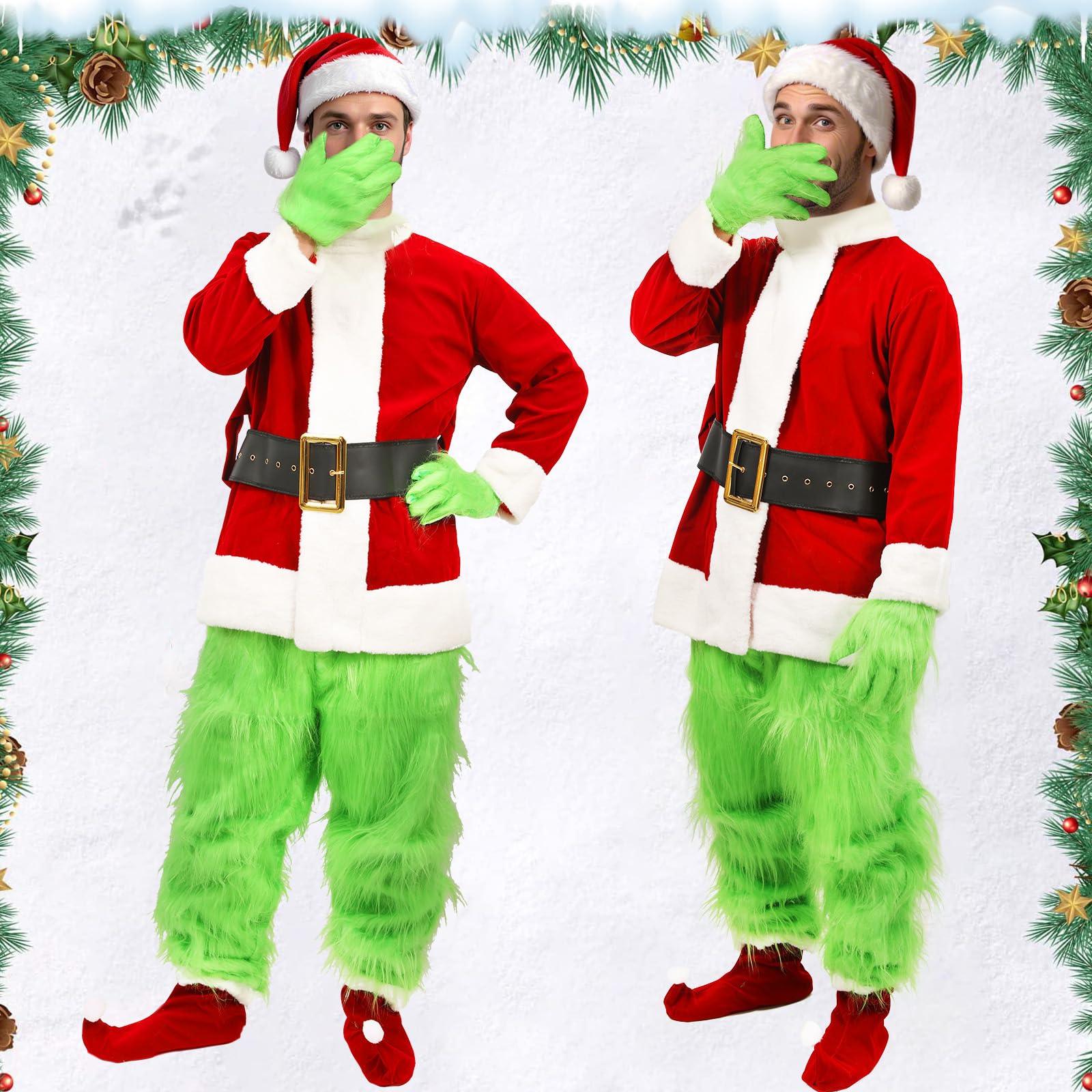 shyhand 7PCS Adult Santa Furry Monster Costume, Deluxe Christmas Green Elf Outfit Gloves Hat Mask - Image 4