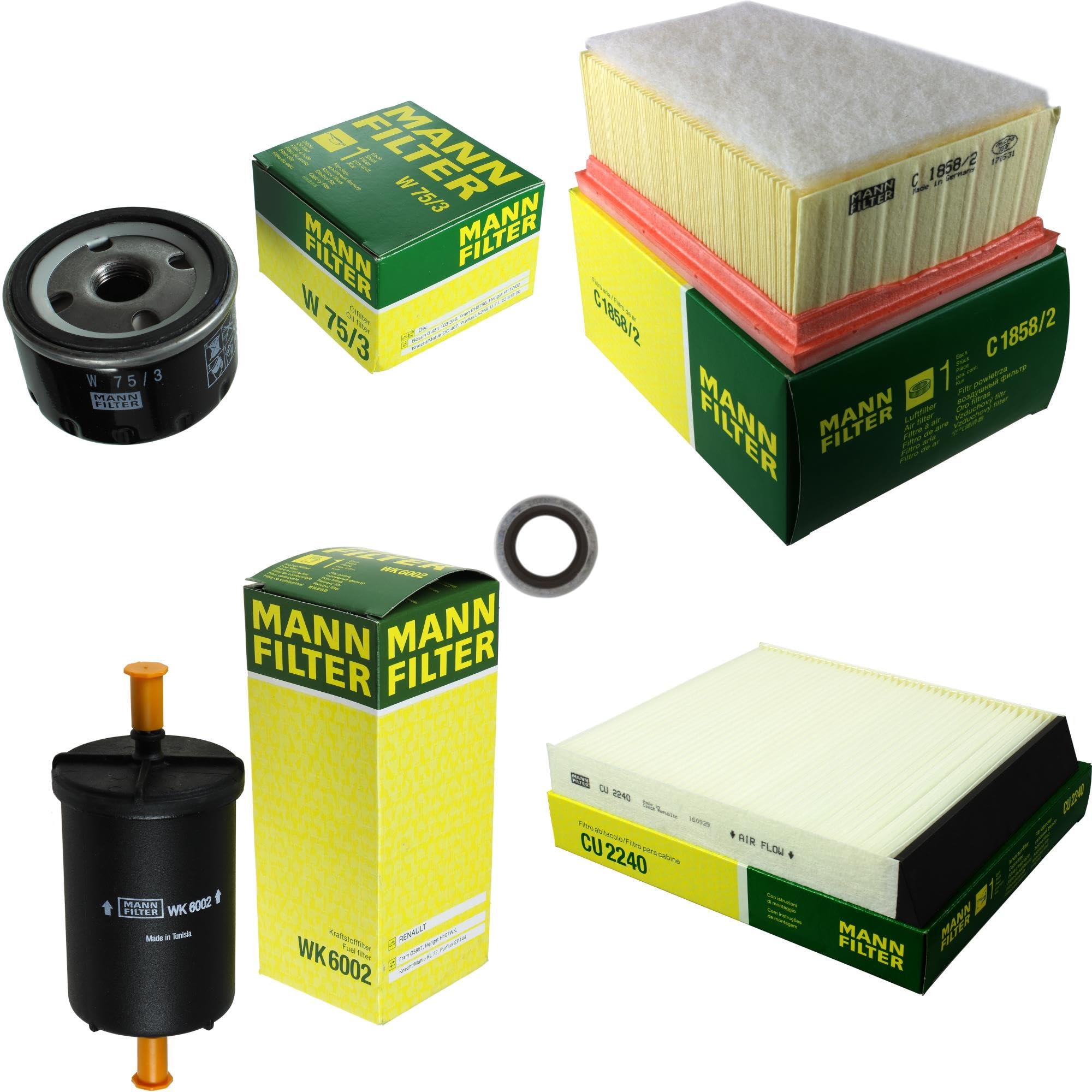 Paquete de inspección Kit de mantenimiento de filtros con filtro de aceite W 75/3, filtro de aire C 1858/2, filtro de combustible WK 6002, filtro de habitáculo CU 2240, anillo de sellado