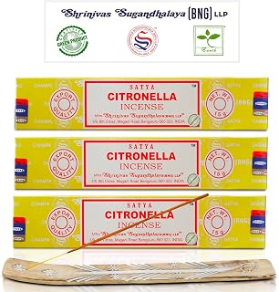 Satya Nagchampa Citronella Incense Sticks, Satya Bng (Bangalore) Insenses 15gmx3 Pack (45 GMS) with Raajsee Incense Holder Bundle, Satya Nagchampa Natural Incense