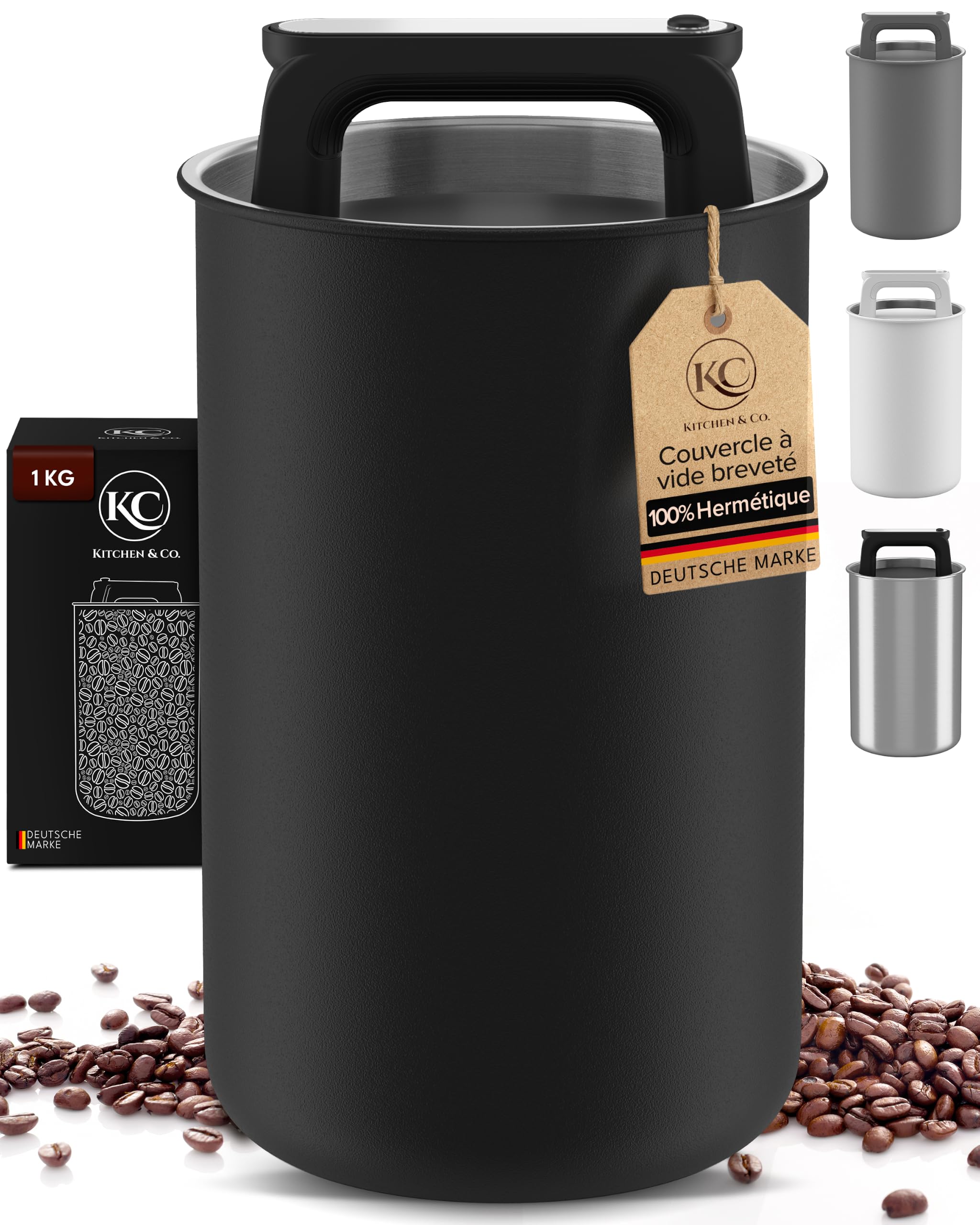 Boîte en Acier Inoxydable Hermétique pour 1 kg de Café en Grains - Couvercle sous Vide, Joint Aromatique - Idéal pour le Café et le Thé