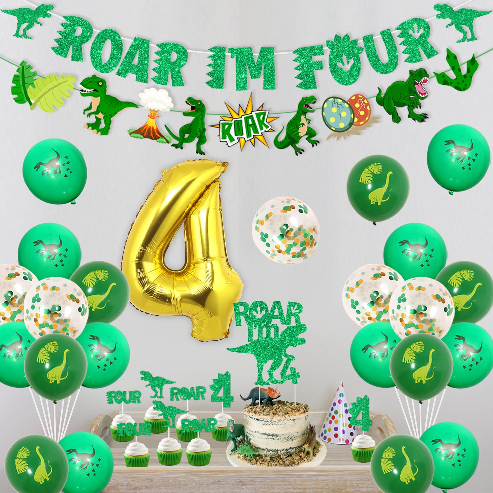 Déco Anniversaire Dinosaure 4 Ans - Ballons Chiffre 4 + Dinosaures - Kit Complet Pour Fête Enfant