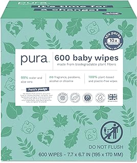 Pura Natural Sensitive Baby Wipes, 99% Water, Unscented & Hypoallergenic, Suitable for Sensitive & Eczema-prone Skin, Hypoallergenic, EWG Verified, 10 Pack of 60 Wet Wipes (600 Diaper Wipes) Bulk Buy