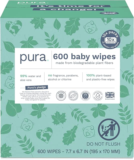 Pura Baby Wipes 10x60 Wipes (600 Wipes), Monthly Pack,100% Plastic-Free & Plant Based Wipes, 99% Water, Suitable for Sensitive & Eczema-prone Skin, Fragrance Free & Hypoallergenic, EWG, Cruelty Free