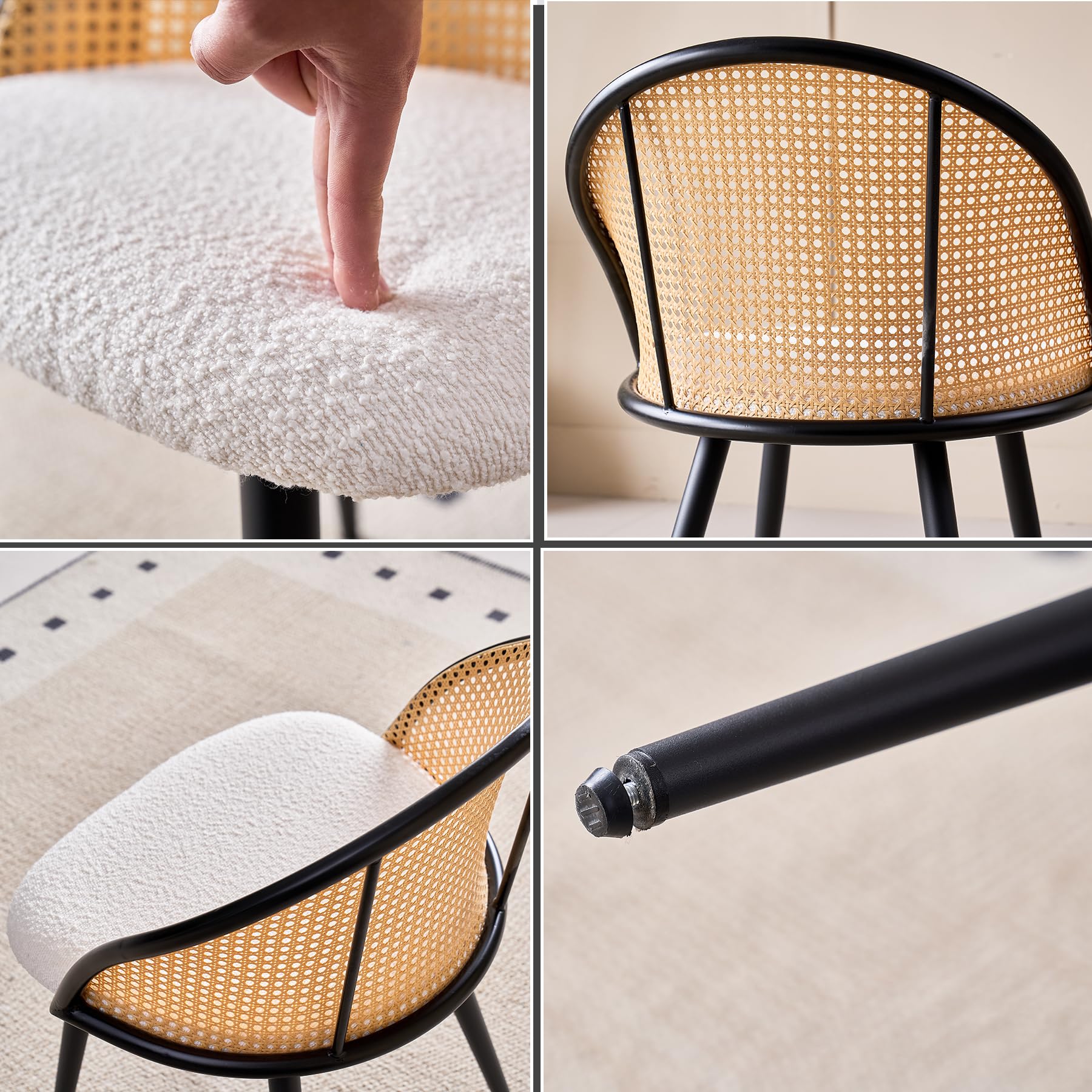 Set di 4 Sedie da Pranzo, Schienale in Rattan Intrecciato, Seduta in Peluche Granuloso, Struttura in Metallo Nero, Possono Essere Utilizzate come Sedie da Cucina, Sedie da Soggiorno - 3#