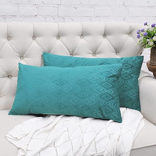 Miniatura 5 de Juego de 2 fundas decorativas de terciopelo con diamantes para cojín lumbar, 14 x 26 pulgadas, funda de cojín rectangular con patrón geométrico