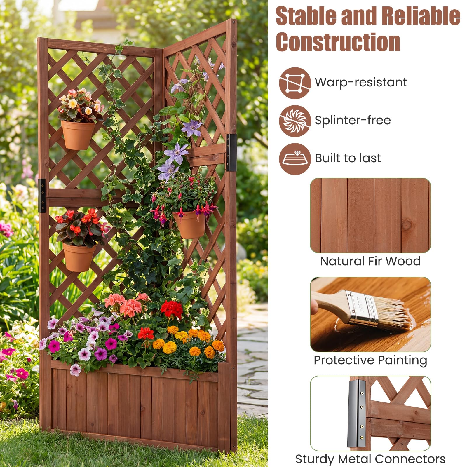 HOMASIS Macetero Elevado con espaldera, 140 cm, de Madera, con Drenaje, para balcón, jardín o terraza (Marrón Rojizo)