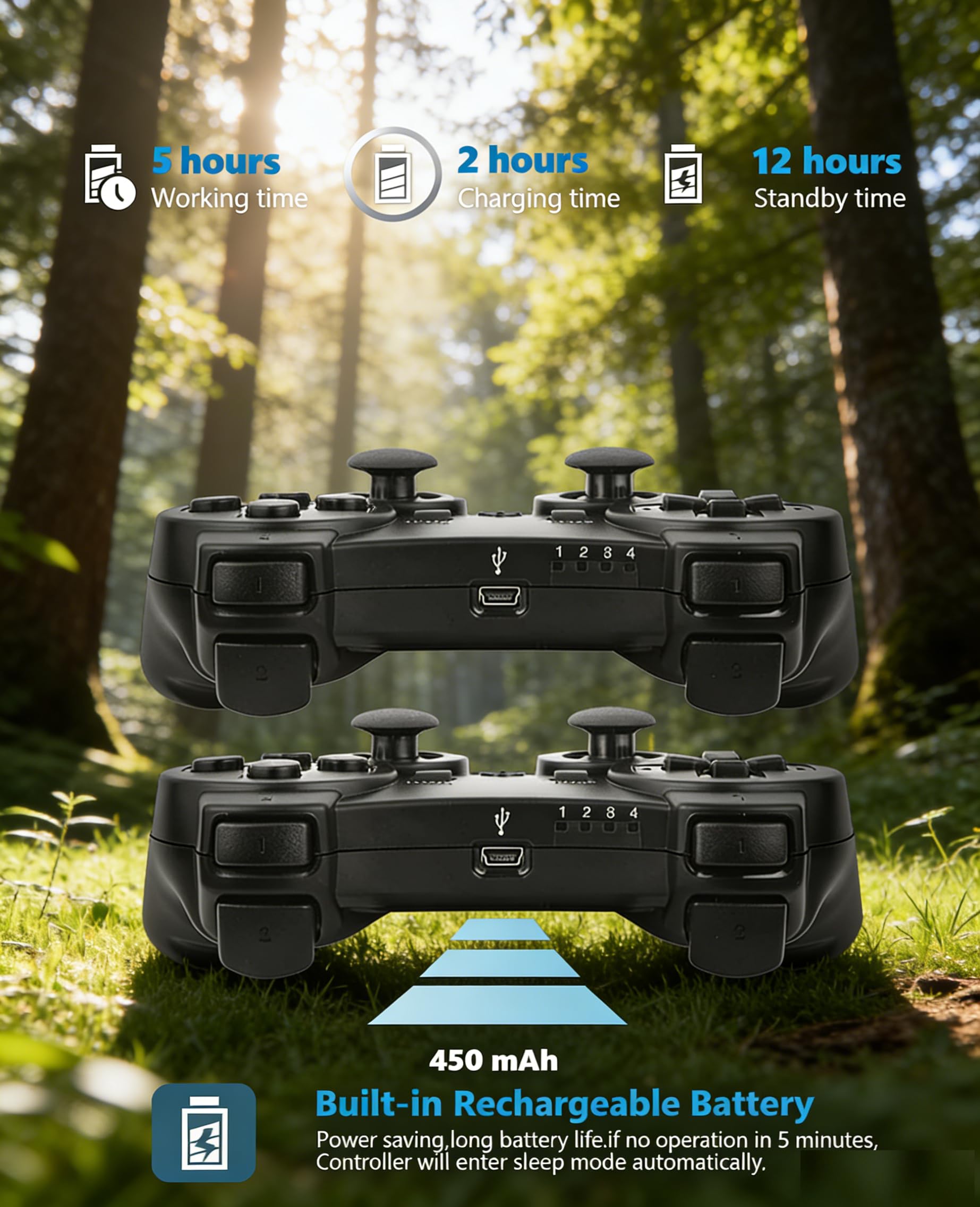 PS-3 Controller 2 Pack, Dual Shock 3 Wireless Gamepad Joystick for PlayStation 3, Compatible with PS-3 Console, Ergonomic Design, Rechargeable Battery, Vibration Feedback - 2 Controllers in Set