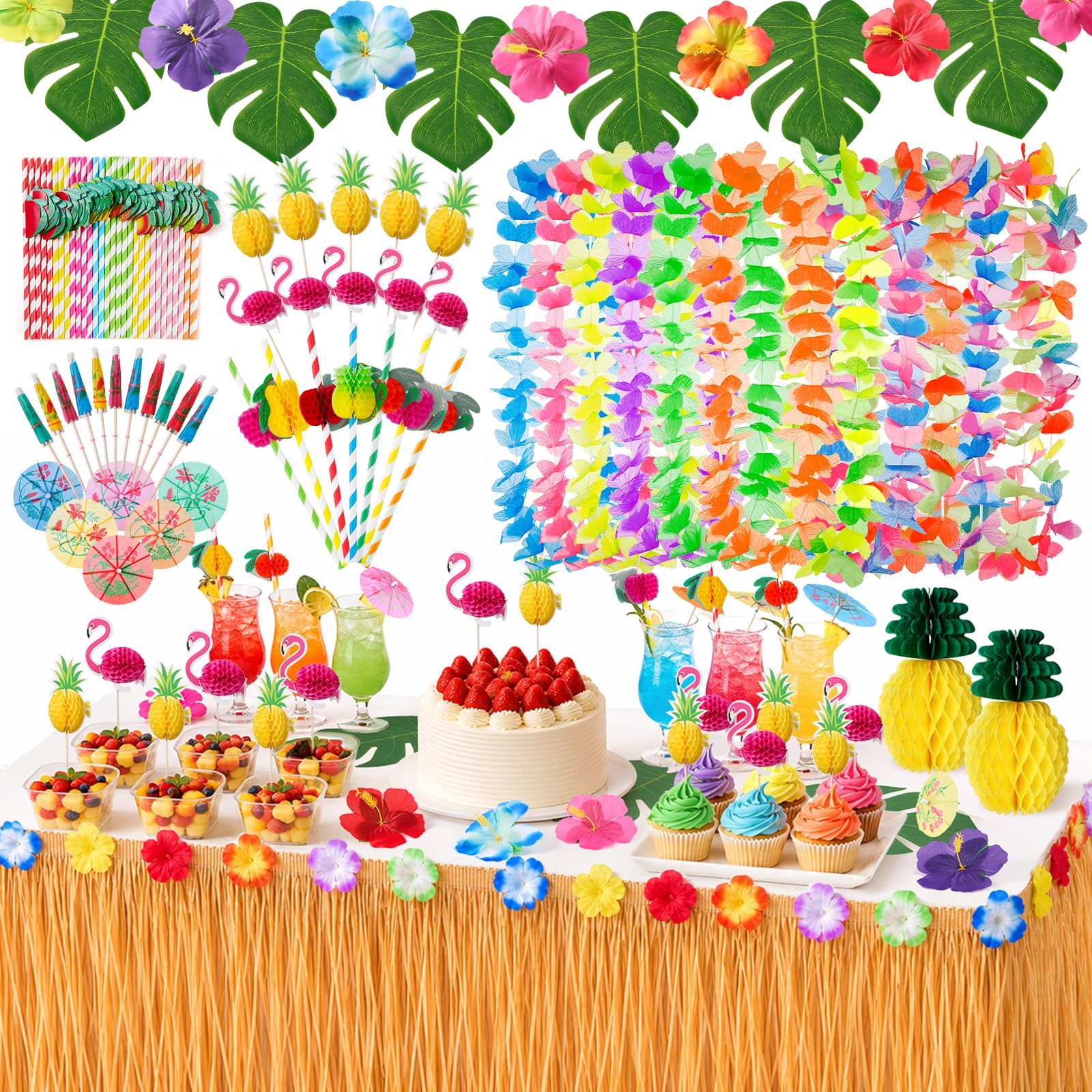 Hawaii Party Dekoration Set, 97PCS Tropische Party Dekoration Set, Hawaii Luau Tischröcke, Girlanden, Palmblätter, Ananas Flamingo Regenschirm Obst Stroh Kombition zum Grillen, Gartensommer