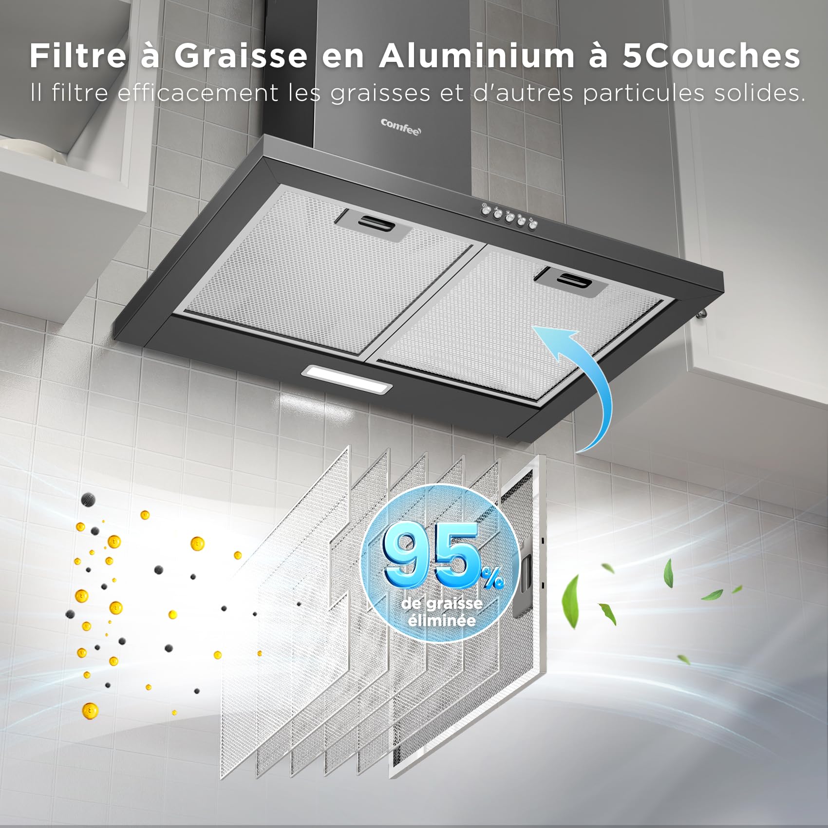 COMFEE' CH60A17EM400SS-EU A++ Hotte Aspirante 60 cm à Recirculation et Évacuation d'air avec Filtre à Charbon Actif, Débit d'air de 400 m³/h, Filtre à Graisse Lavable, Cheminée Réglable, Argenté