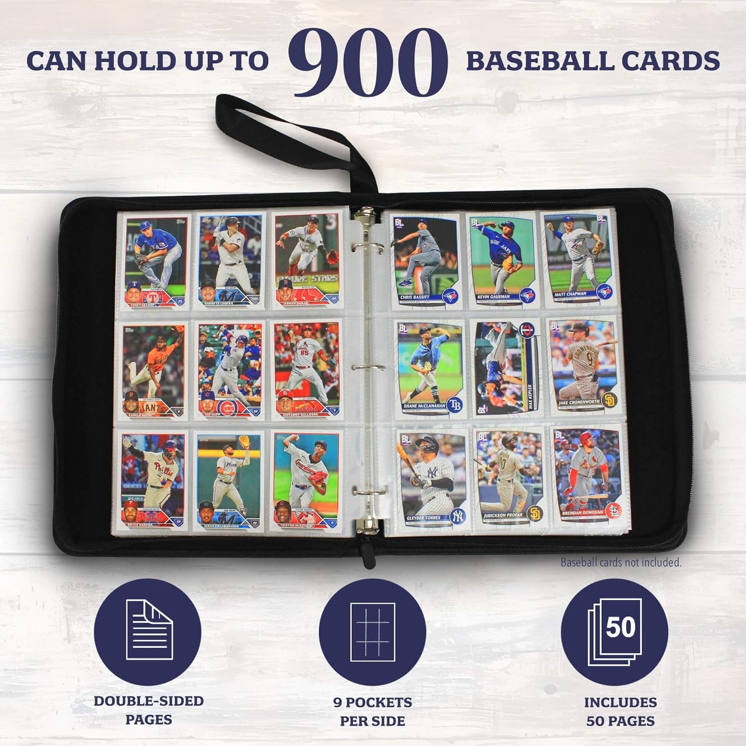 Baseball Card Binder 900 Pockets, 50 Pages, 3 Ring Trading Zipper Binder w/Strap, Large Storage, 9 Pocket Organizer Sleeves, Metal Release Tabs, Leather, Baseball Card Holder, Sports Collectors Gift